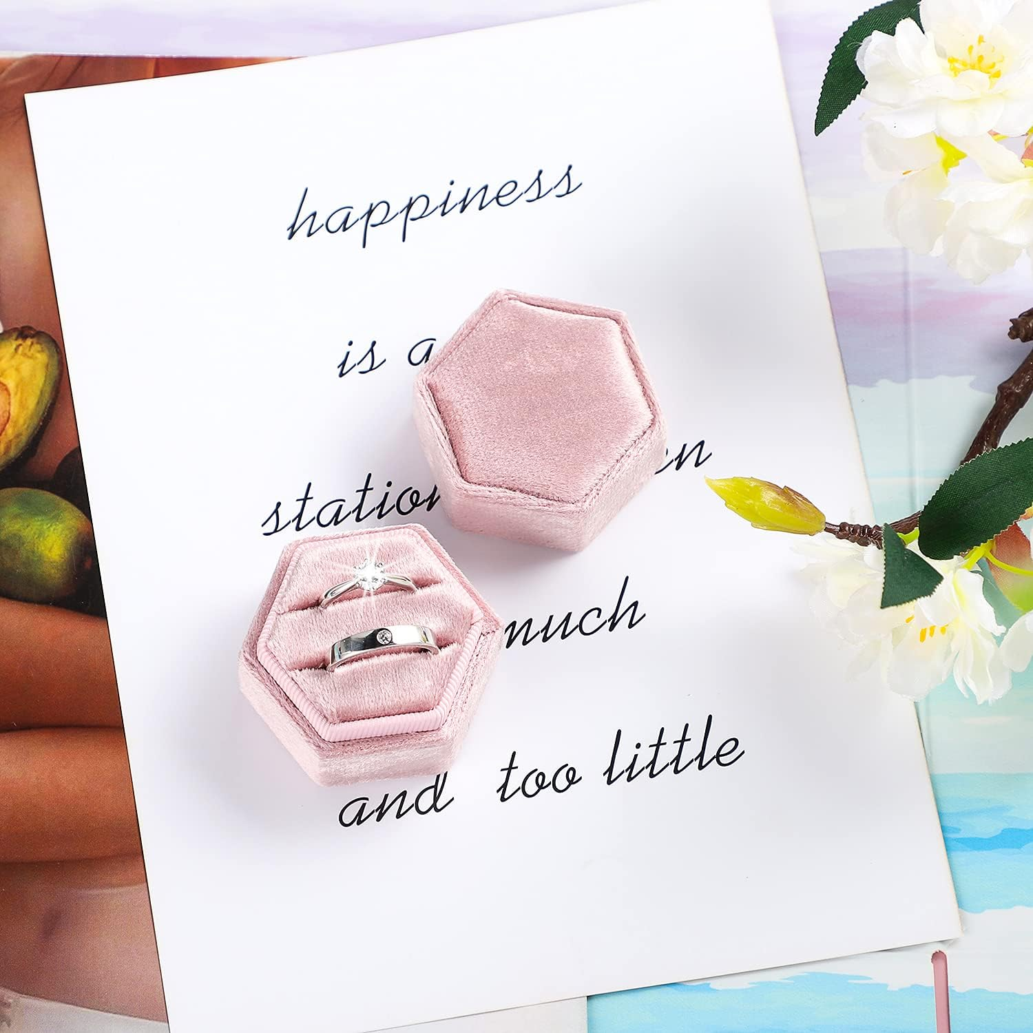 Etercycle Velvet Jewelry Ring Box, Hexagon Premium Gorgeous Vintage Double Ring Gift Box with Detachable Lid for Proposal Engagement Wedding Ceremony(Pink-Purple)
