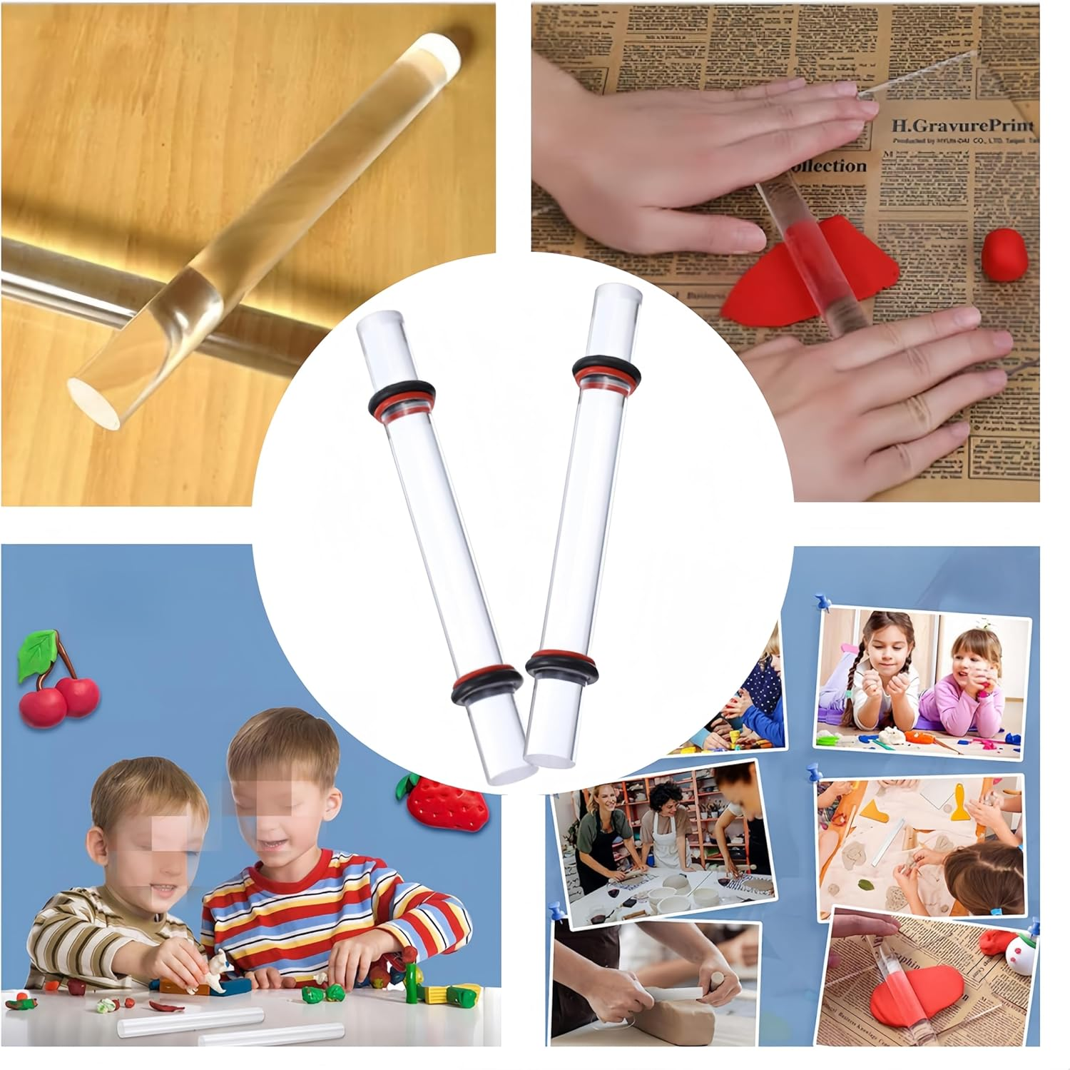 Ai-Oumleef Acrylic Rod Clay Rolling Pin,2Pcs Clear Clay Rolling Pin, Polymer Clay Roller Tools with Thickness Rings Kit Pottery Clear Slab Roller Accessories Supplies image number 2