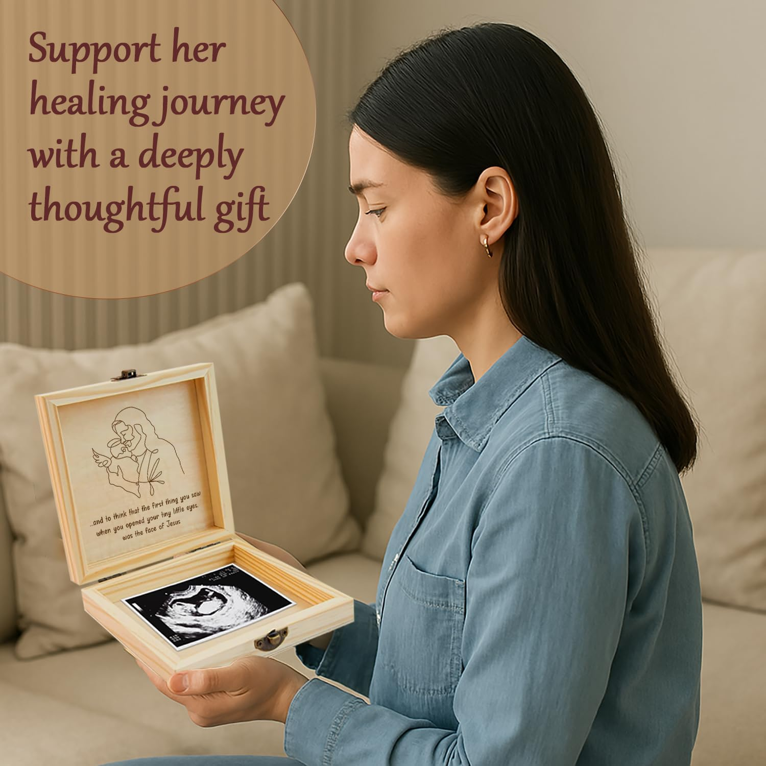 BEEGREENY Miscarriage Memory Box, Baby in Jesus' Arms Engraved Wooden Keepsake Box, a Heartfelt Sympathy Gift for Mothers Loss of Baby, Remembrance Gifts Miscarriages, Infant Loss Memorial for Moms - Sleeping Angel image number 3