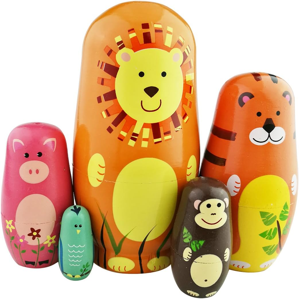 Set of 5 Cutie Cartoon Animal Nesting Dolls Matryoshka Madness Russian Doll Popular Handmade Kids Gifts Toy