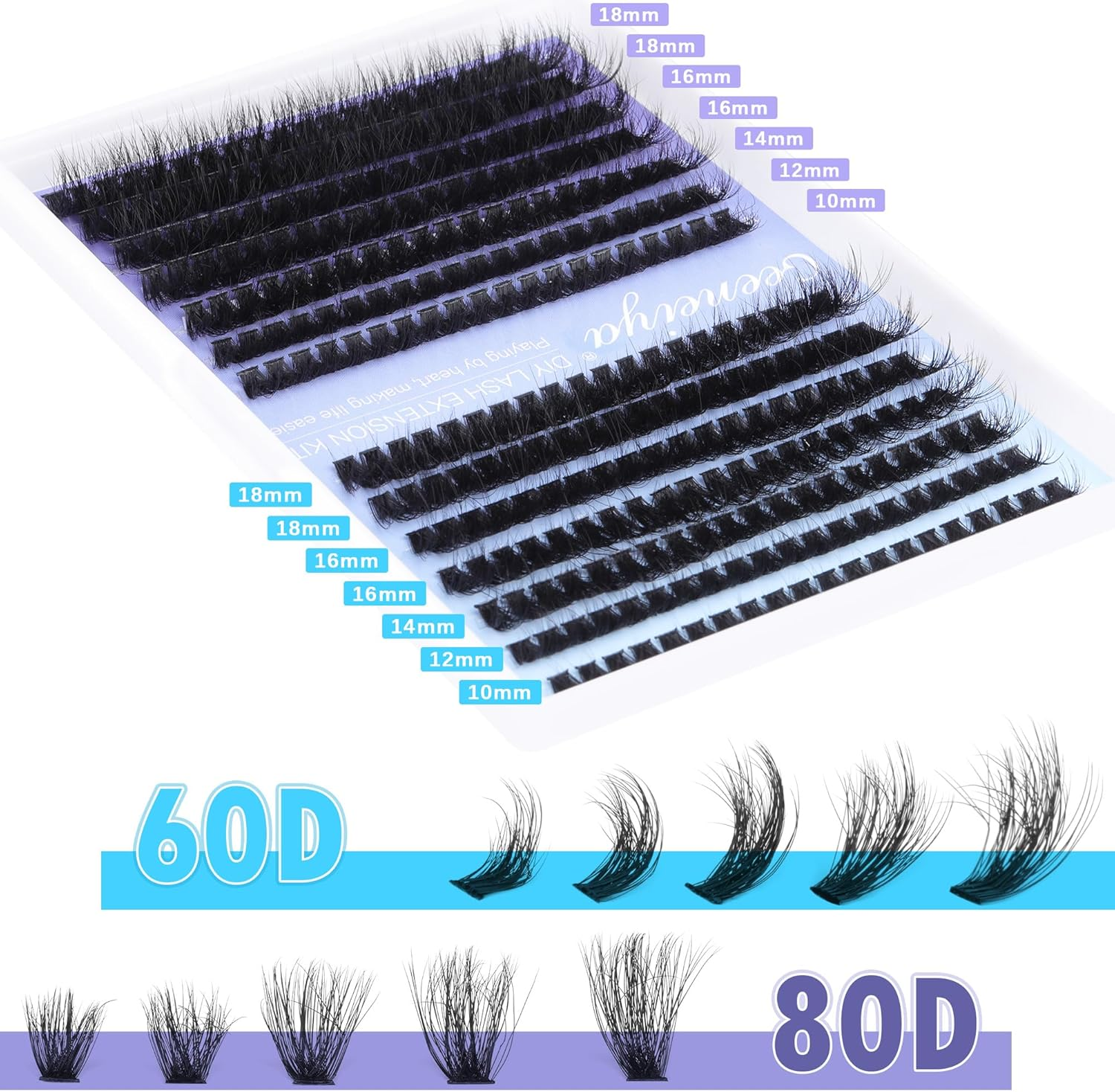 Geeneiya Eyelash Clusters Fluffy Lash Extension Mink Thick Cluster Eyelash Extensions 10-18MM Cluster Lashes Individual Fluffy Fake Eyelashes, Not Kit (0.07D, 60P+80P, 280Pcs) image number 3