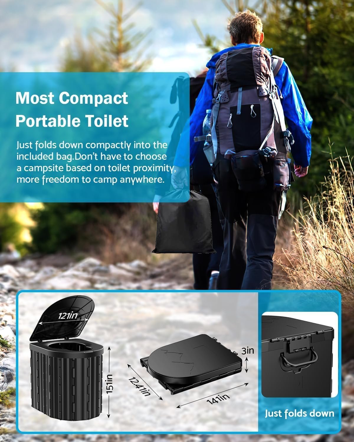 Portable Toilet, Upgraded to 15 Inches with Detachable Paper Holder, Capable of Carrying 450 Pounds, Suitable for Camping, Hiking, Road Travel, Cars, Tents, Beaches, and Truck Drivers (Black) image number 3