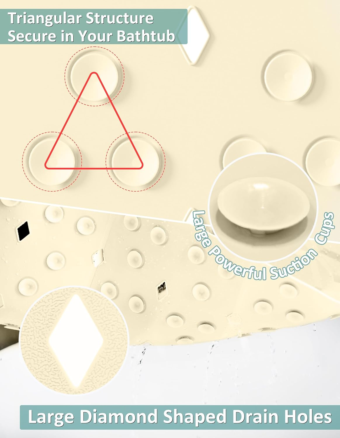 Non-Slip Shower Mats for inside Shower， 14 X 18 Inch Silicone Bathtub Mat Non-Slip, Bath Mat for Tub with Suction Cups, Drain Holes Bath Tub Mat (Light Ivory Color) image number 1