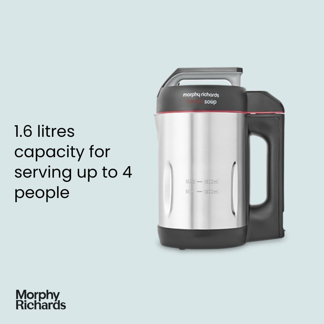 Morphy Richards Saut&eacute; & Soup Maker, 1.6L, 4 Settings, Smooth, Chunky, Juice, Blend Pause Function, Family Size, Non-Stick Coated Jug, Detachable Power Cord, Stainless Steel, 501014 image number 1