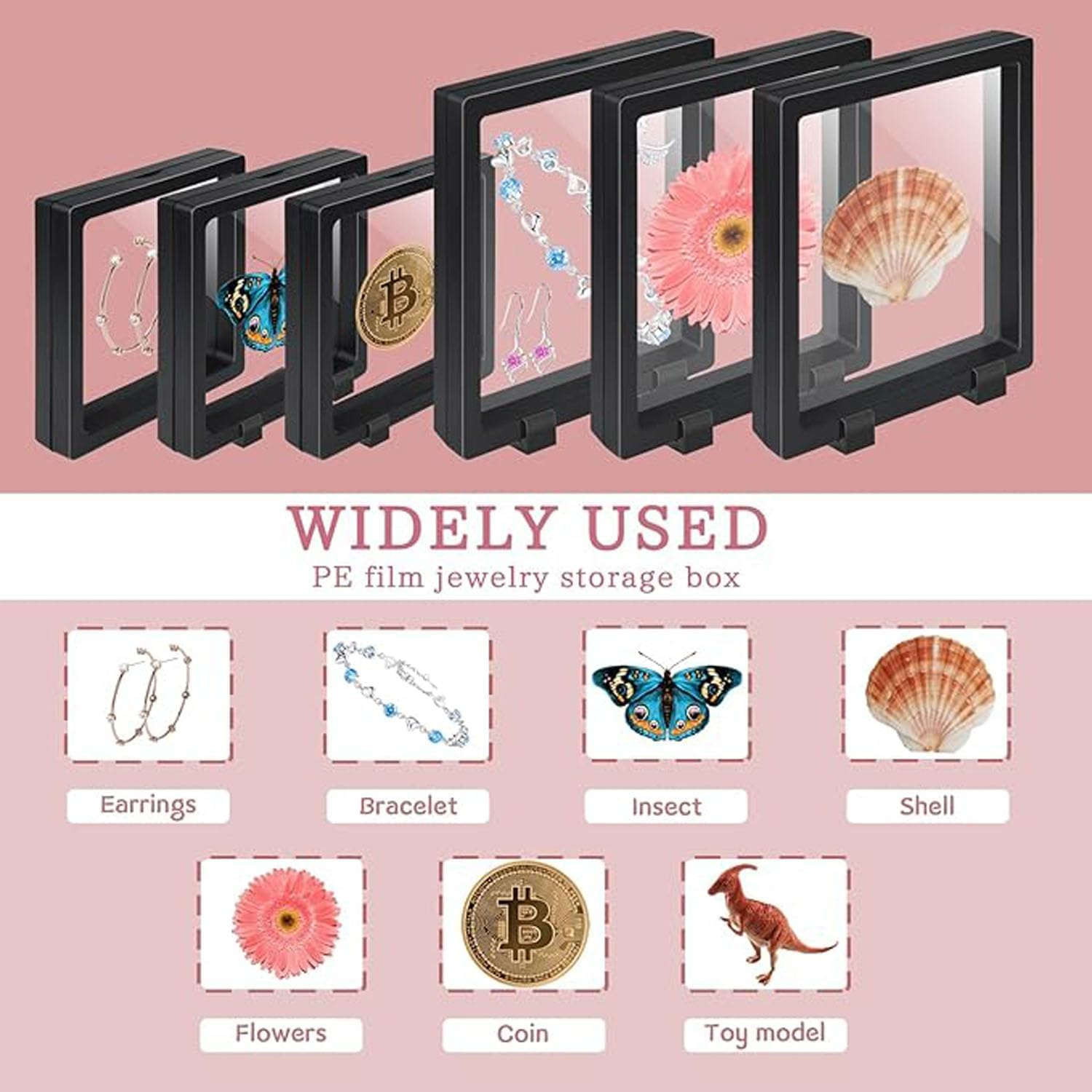 10Pcs 3D Floating Frames Display Holder Stands,Transparent Coin Display Stands,3D Floating Jewelry Frame,Challenge Coin Holder for Jewelry Antique Specimens (Black 2.75Inch) image number 2