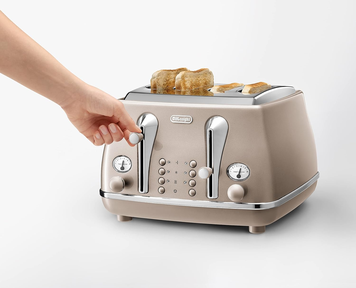 De'Longhi Icona Metallics CTOT4003.​BG, 4 Slot Toaster with Reheat, Bagel, Cancel, and Defrost Functions, 6 Browning Levels, 1800 W, Pull Crumbs Tray, Stainless Steel, Beige image number 3