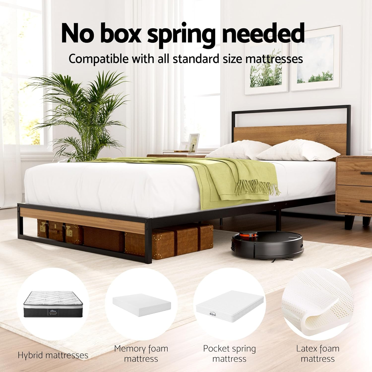 Artiss King Single Bed Frame Metal Bed Base with Headboard Metal Slats,Under Bed Storage Home Bedroom Furniture Black image number 1