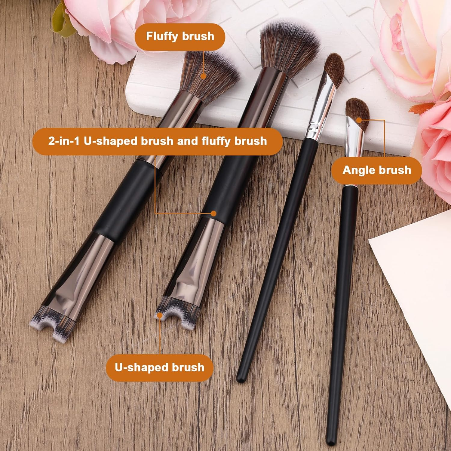 BOXOB 4Pcs U-Shaped Fluffy & Angled Brush Set, Nose Contour Brushes 2-In-1 U-Shaped Brush Dual Head Practical Makeup Tools for Defining Sculpting Highlighting
