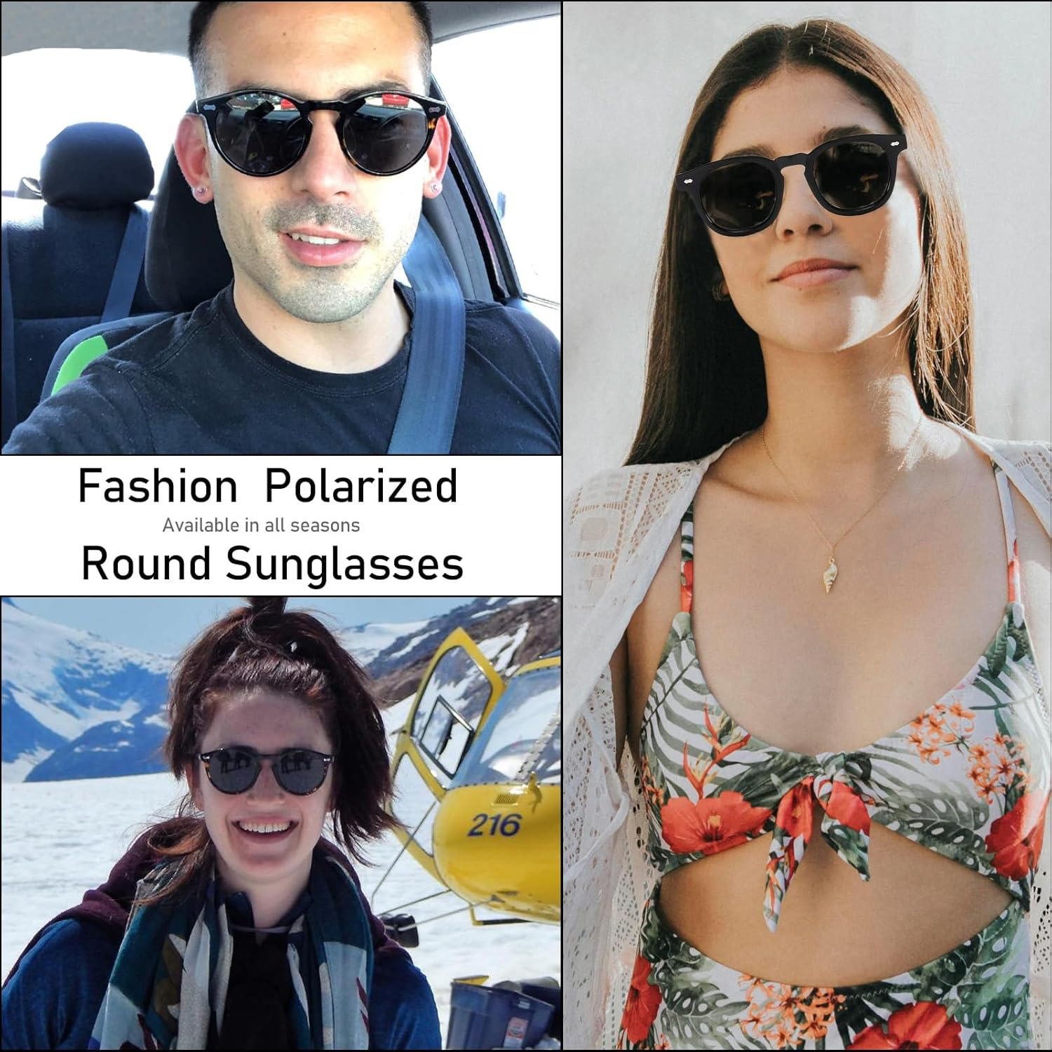 Long Keeper Retro round Polarised Sunglasses Mens Womens Small Circle Sunglasses Classic Vintage Shades Driving round Sun Glasses UV400 Protection - Clear Frame Blue Lens image number 5