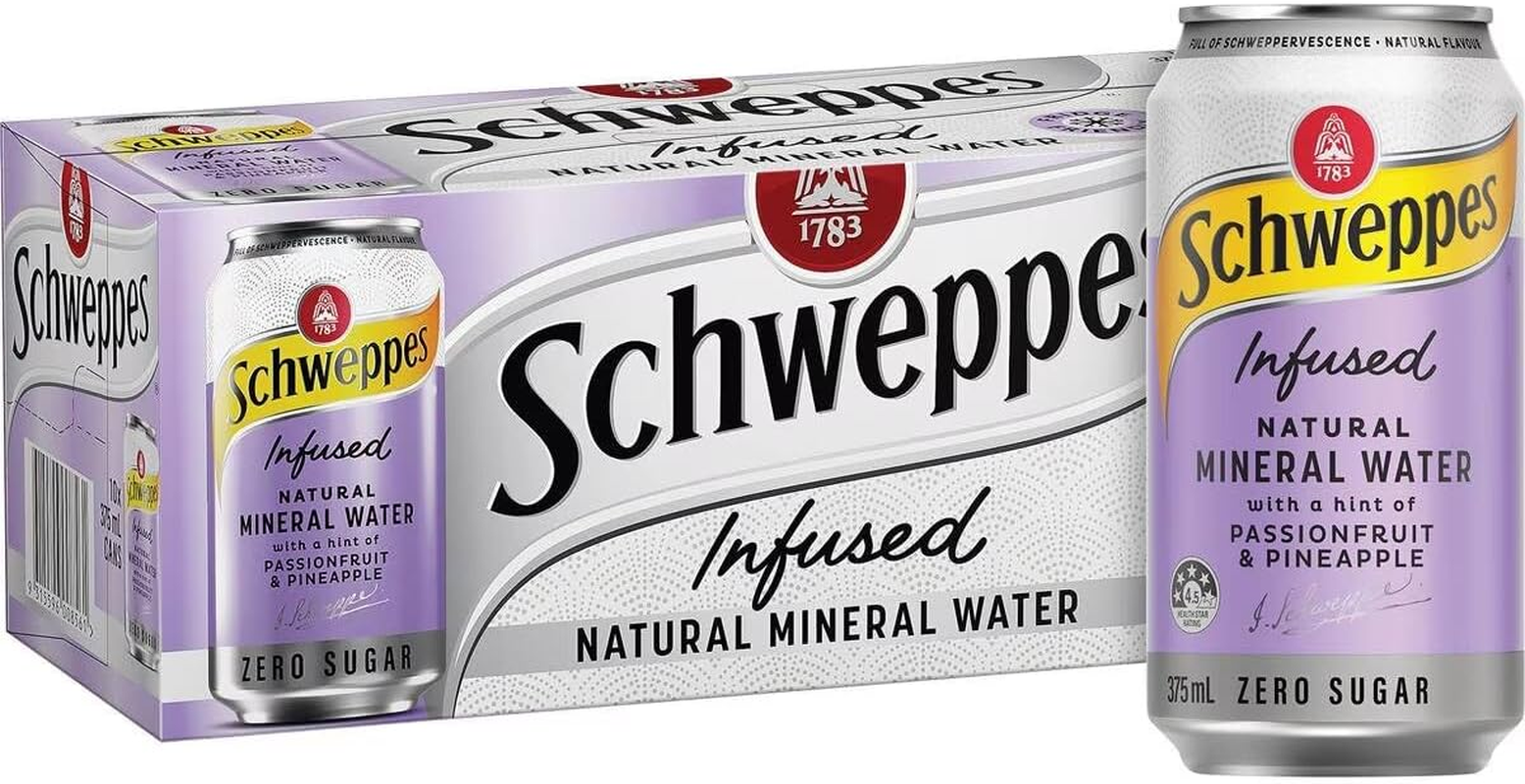 Schweppes Zero Sugar Passionfruit & Pineapple Infused Natural Mineral Sparkling Water 375 Ml (Pack of 10) image number 1