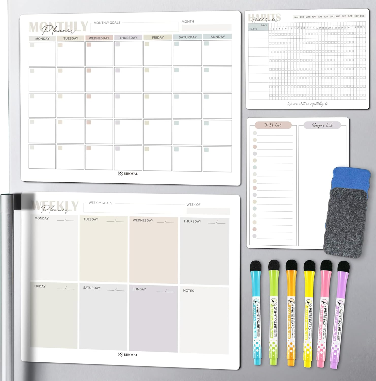 BIROYAL 4 Pack Magnetic Fridge Calendar - Dry Erase Whiteboard Calendar for Refrigerator - Magnetic Monthly & Weekly Planner with 6 Markers, Eraser, to Do List & Shopping List - 42X32Cm image number 2