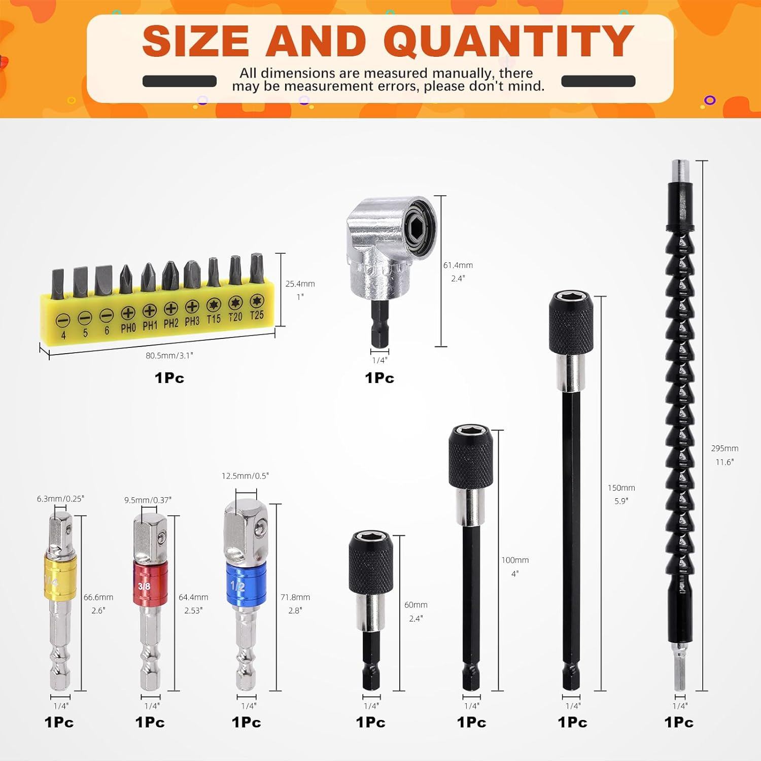 Tanstic 18Pcs Flexible Drill Bit Extension Set, Includes Bendable Drill Bit Extension, 105&deg; Right Angle Drill, Hex Shank Drill Bit Holder, 1/4" 3/8" 1/2" Hex Socket Adapter Set, Screwdriver Bit Kit image number 2