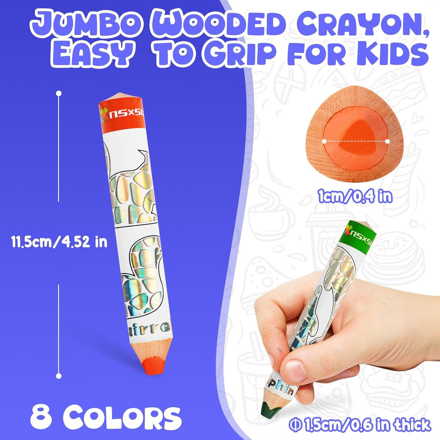 Nsxsu Wooden 3 in 1 Jumbo Crayons for Toddlers & Kids, Chunky Washable Bath Crayon, Water Soluble Thick Colored Pencils, Fat Triangular Color Pencil with Sharpener, Easy-Grip (Classic Color, 8)