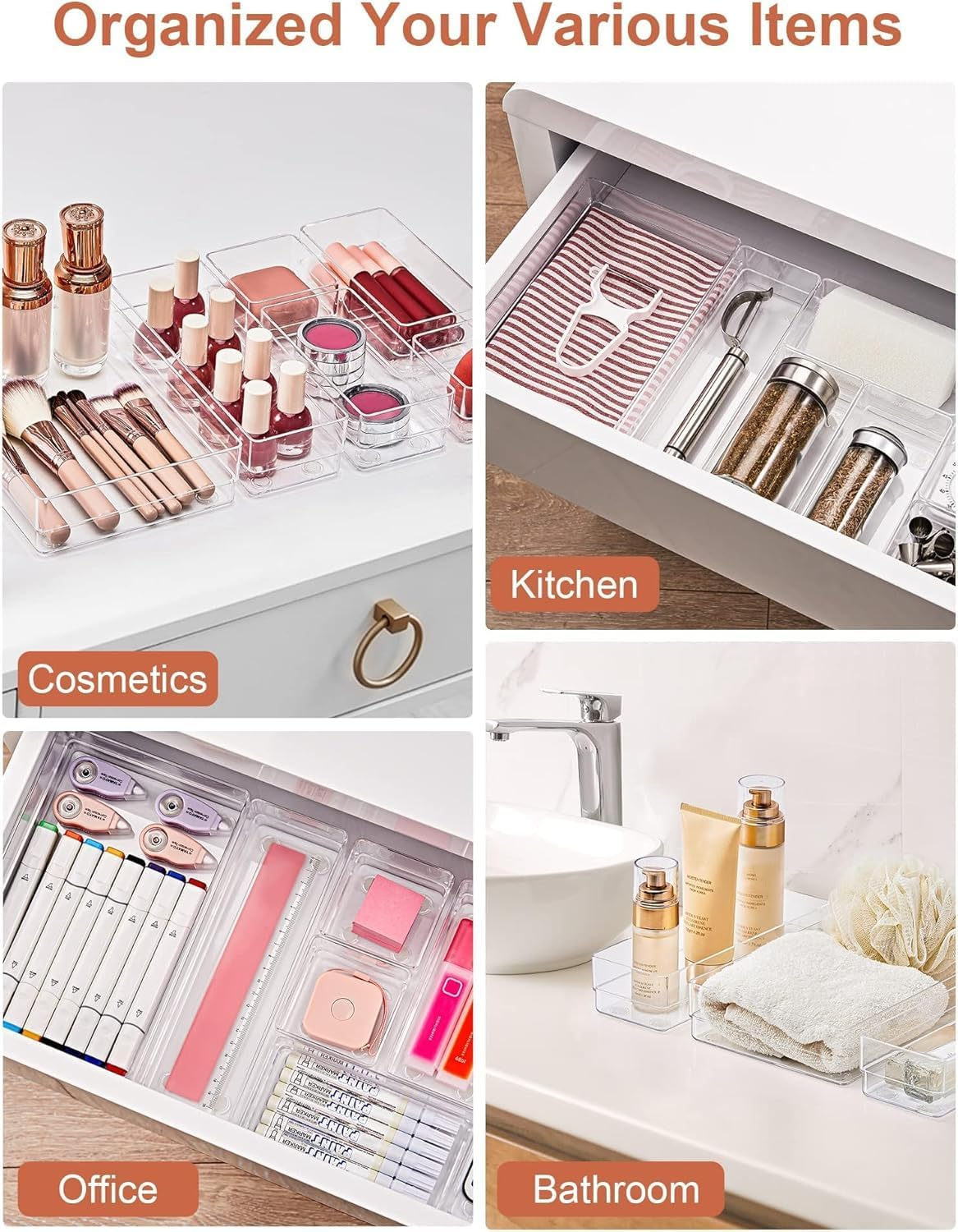 21-Piece Clear Plastic Drawer Organizers Set 4-Size Versatile Bathroom and Vanity Drawer Organizer Trays, Storage Bins for Makeup, Bedroom, Kitchen Gadgets Utensils and Office image number 4