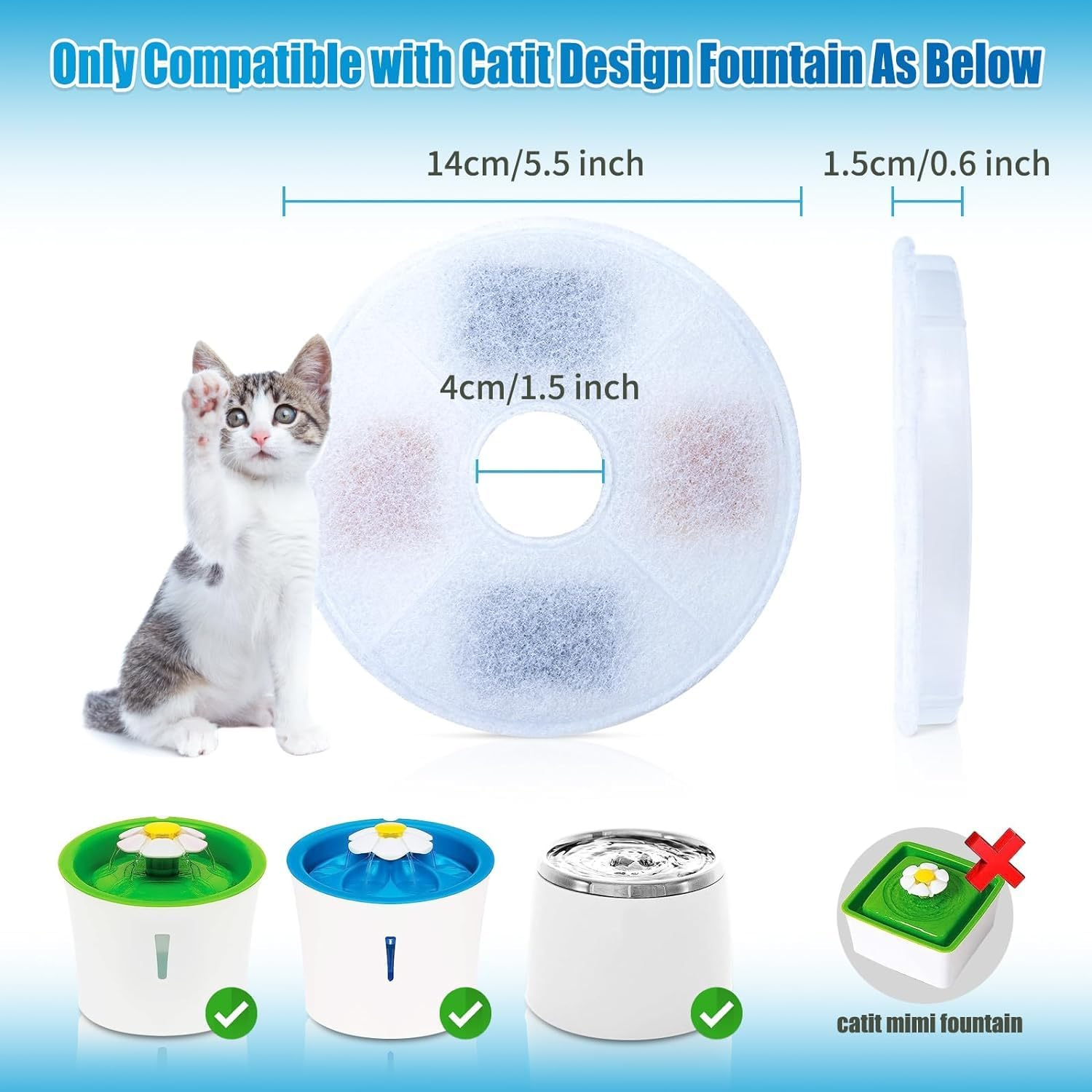 JINDUN 16 Pack Cat Water Fountain Filter for Catit, Replacement Cat Fountain Filters for Catit Design Senses Fountain/Catit Flower Fountain/Catit Senses 2.0/ Catit Fresh & Clear Stainless Steel image number 2