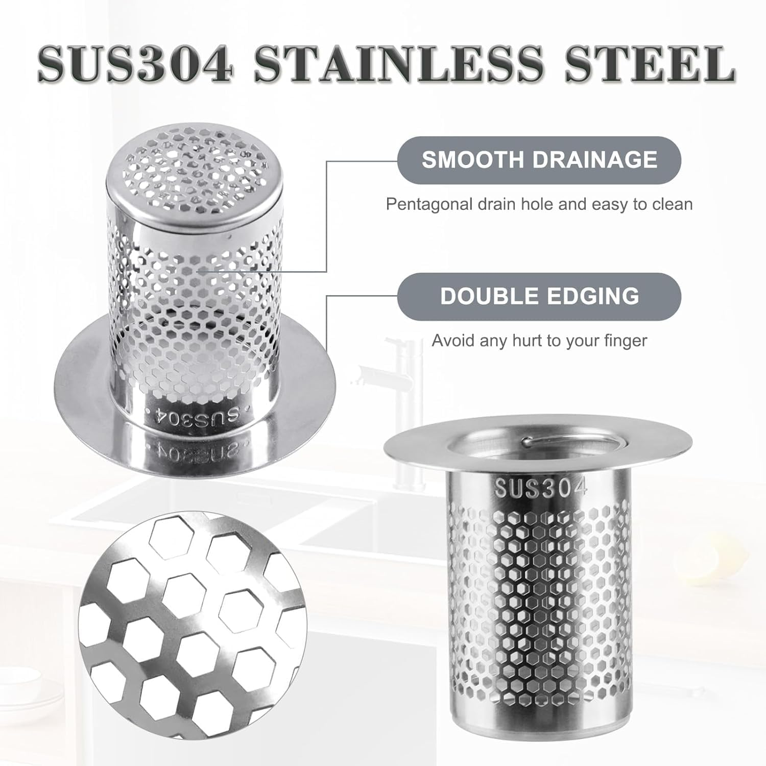 3Pcs Sink Drain Strainer，Shower Strainer Drain Hair Catcher Floor Drain Filter with Handle Stainless Steel Drainer Filter Used to Prevent Clogging of Kitchen Sinks (Silver, One Size) image number 4