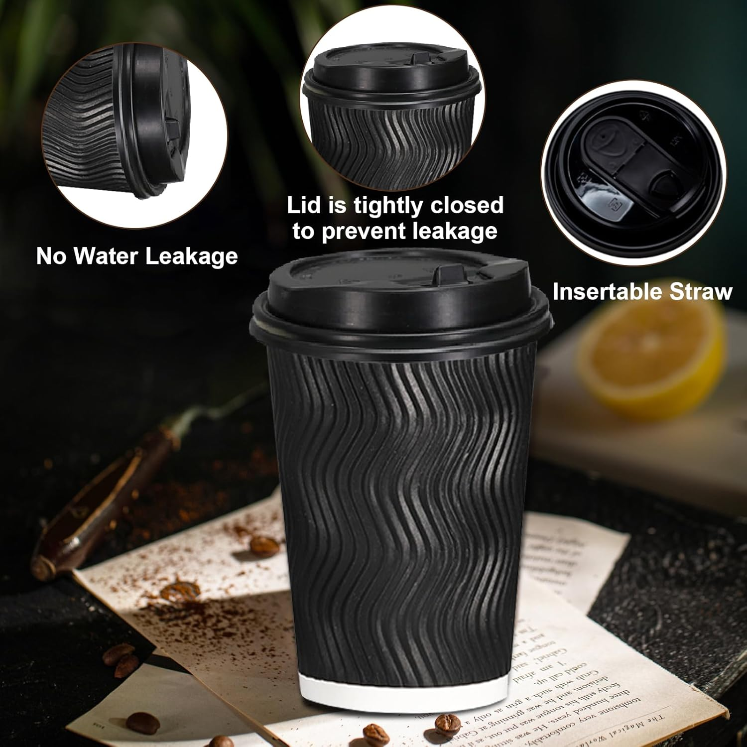 TNGAMFGT 12Oz Ripple Wall Paper Cups,100 Pcs Disposable Paper Coffee Cups with Lids,Hot Drinks, Cold Drinks, Juice Tea，Ideal for Home, Parties, Weddings（12Oz，100 Pack，Black） image number 7