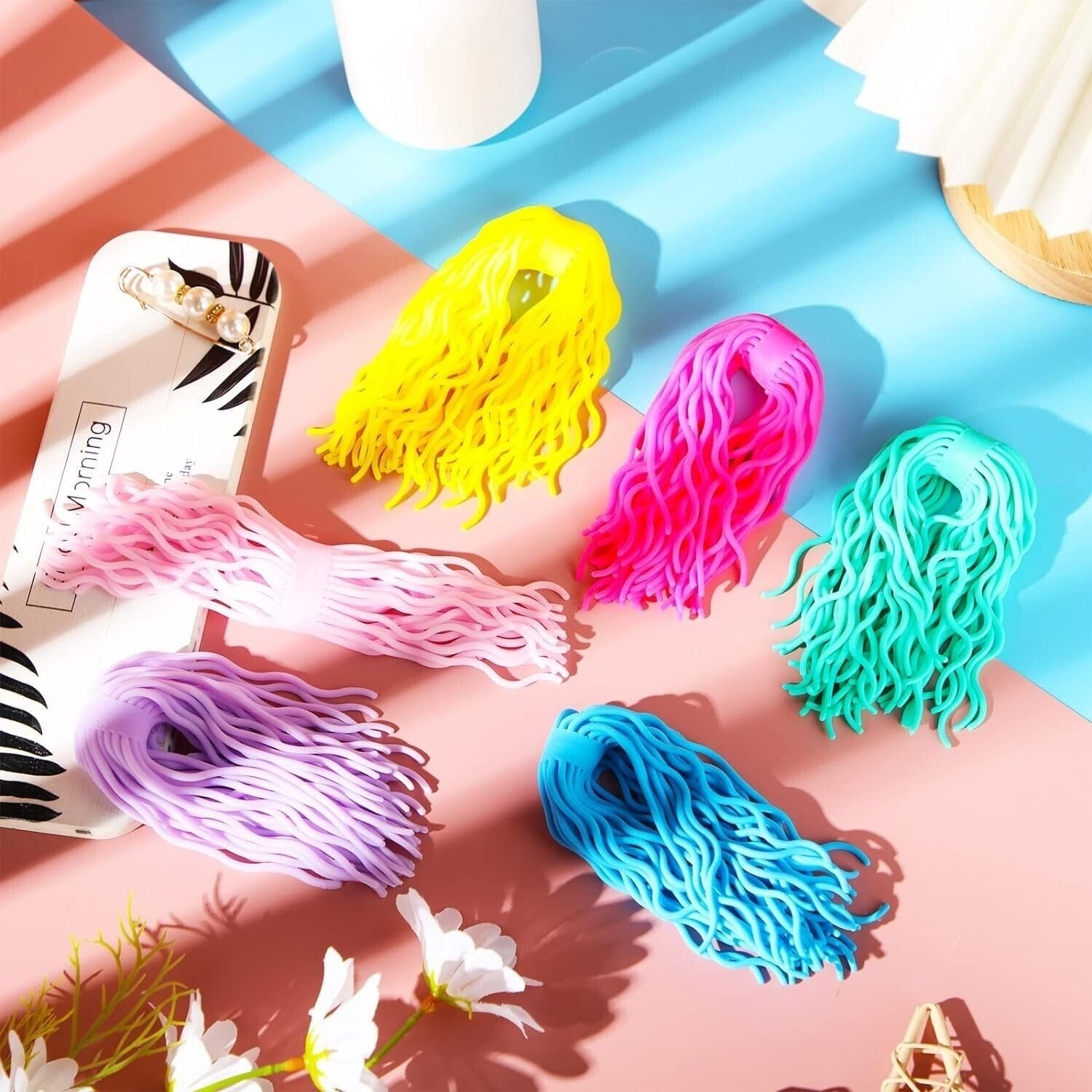 6Pcs Ramen Noodle Fidget Toy Stretchy Spaghetti Ball Ramen Noodles Sensory String Toy for Stress Relieving Early Education for Birthday Party Holiday Easter Basket Stuffing (Multi Color) image number 6