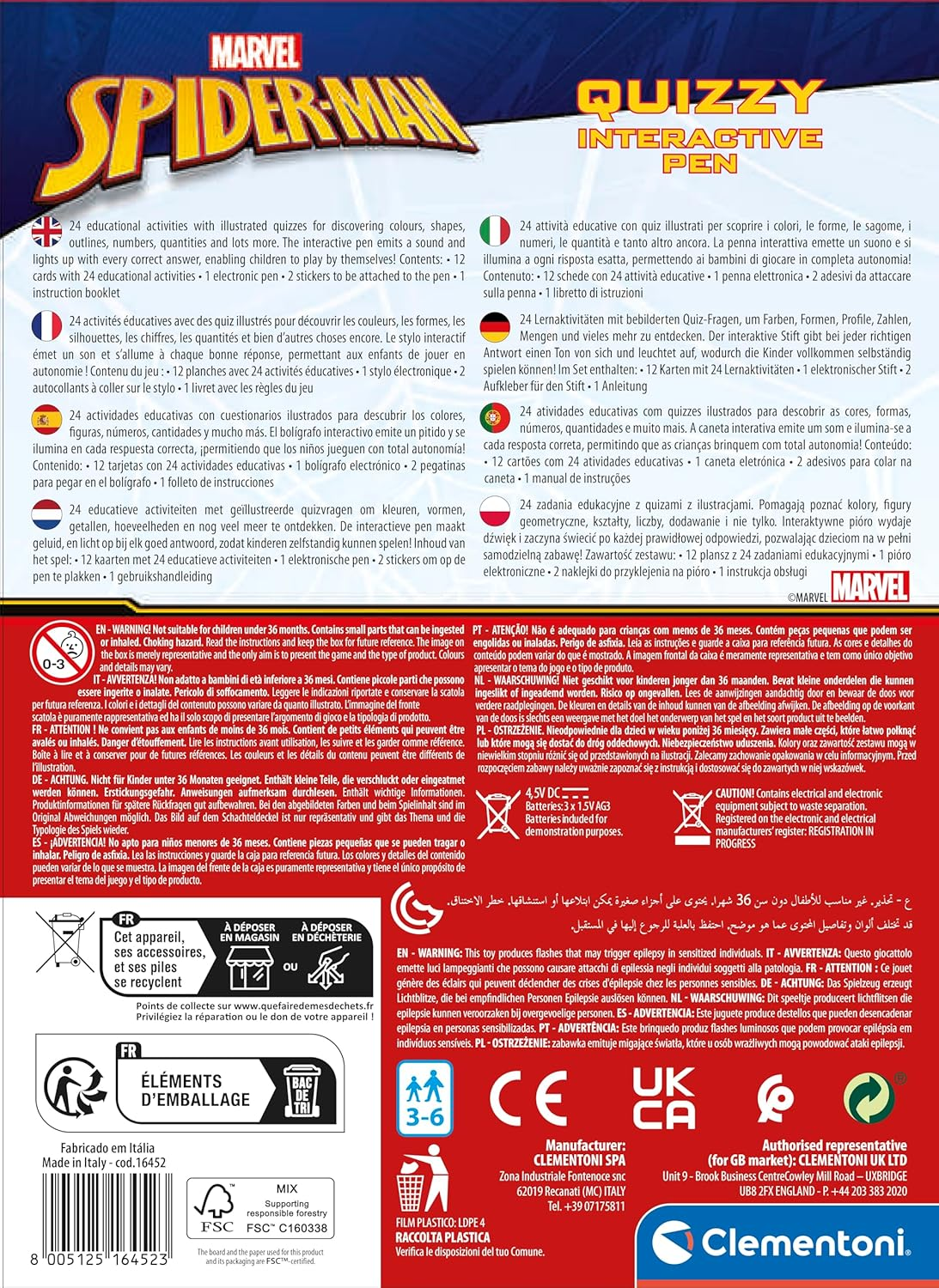 Clementoni - Sapientino Quizzy Marvel Spiderman Interactive Pen Cards, Educational Game 3 Years, Electronic Speaker, Made in Italy, Multilingual 16452 image number 2