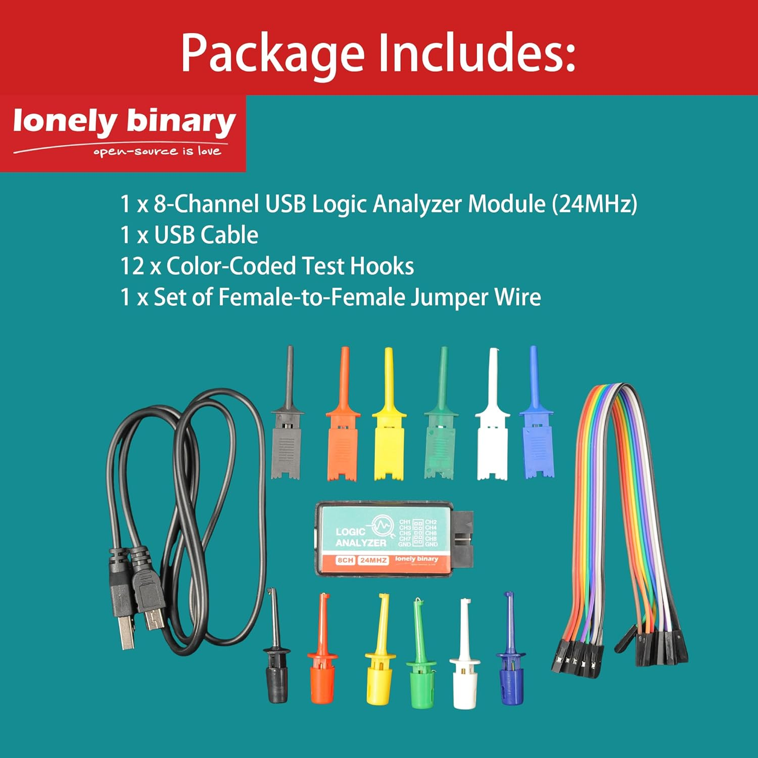 Lonely Binary 8-Channel USB Digital Logic Analyzer &ndash; 24Mhz Sampling Rate, Includes 12 Test Hooks & USB Cable &ndash; Compatible with Windows & Mac for Arduino, ESP32, Raspberry Pi & Embedded Debugging