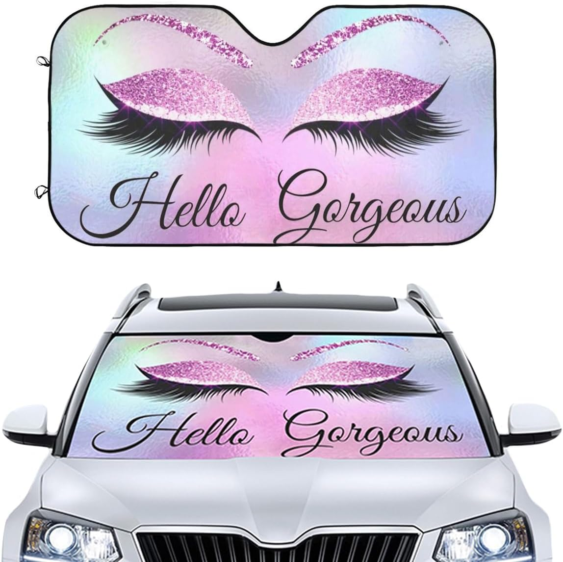 Car Windshield Sunshade, Purple Eyelash Front Window Sun Shades, Folding Block Sun Visor Protector for Car, Sedan, Truck, SUV, Womens Cute Auto Interior Accessories 51X27.5 In
