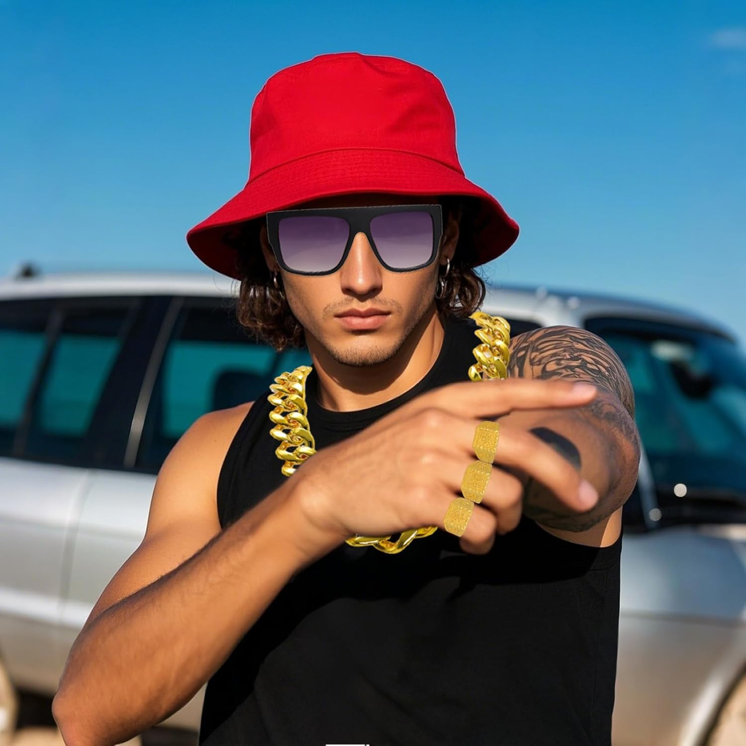 80S 90S Accessories Hip Hop Costume Outfit Kit Sunglass Hat Gold Chain Money Sign Necklace Ring Rapper Accessory image number 1