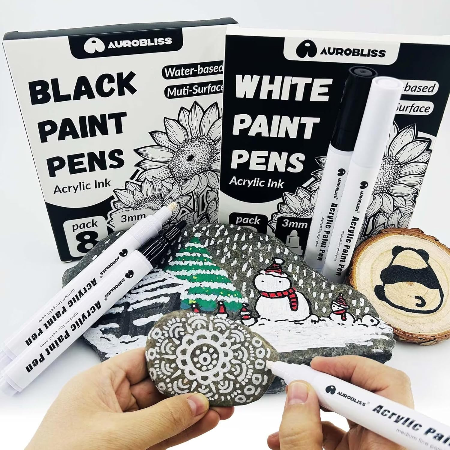 Aurobliss Acrylic Pens Black Pack of 8 Waterproof Pens for Wood, Canvas, Stones, Plastic, Clothing, Fabric - 2-3 Mm Thick Tip, Permanent Black Ink