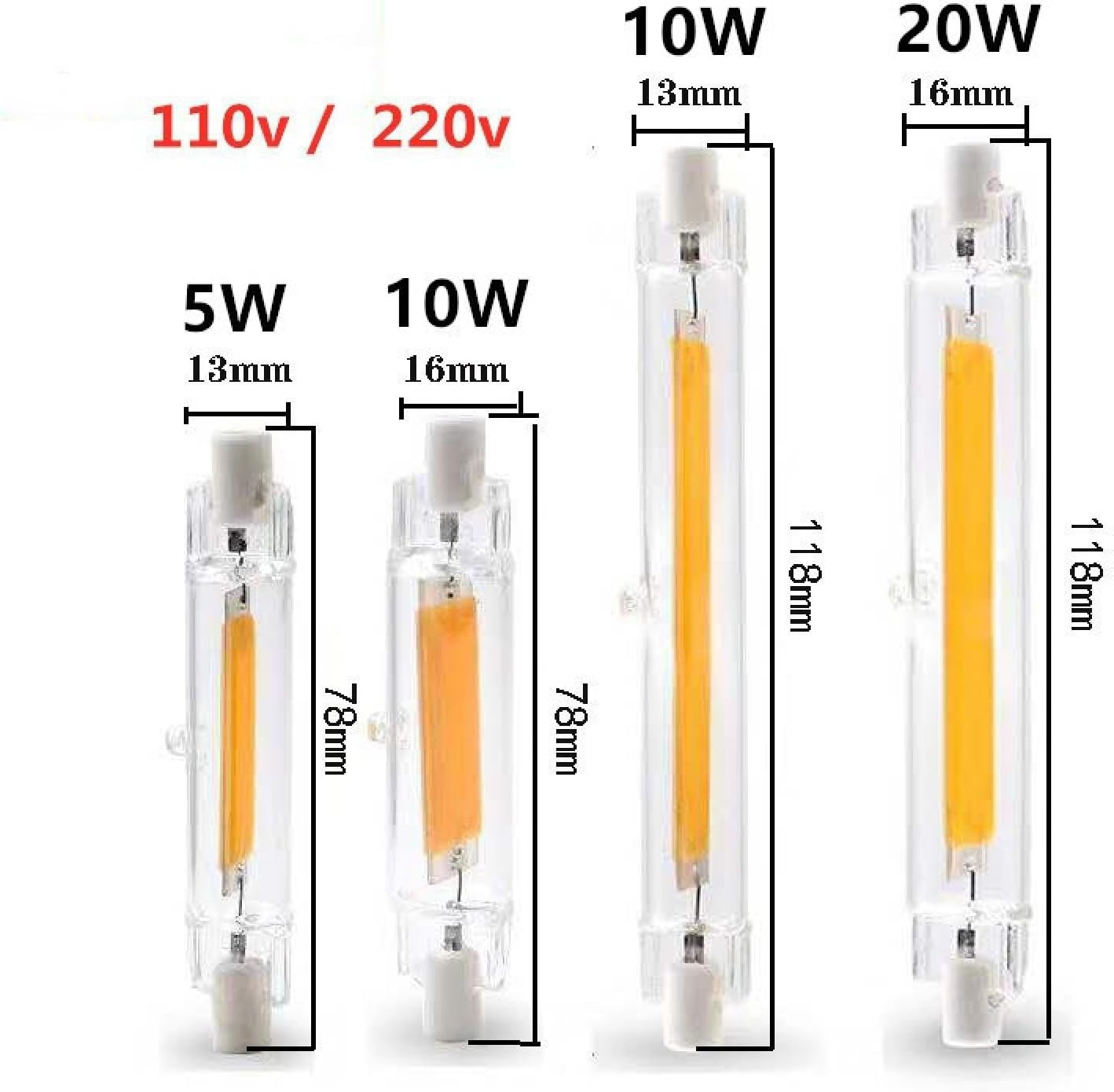 Lumetheus High Brightness LED R7S Glass Tube COB Lamp - 10W/20W, 78Mm/118Mm/189Mm Double End Replacement for Halogen Lamps 1Pcs-118Mm-20W-Warmlight - 118Mm-10W-Warmlight image number 4