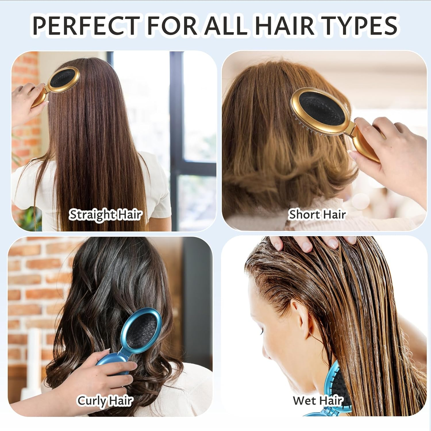 Foldable Hair Brush with Mirror, 2 Pcs Oval Mini Hair Brush Portable Travel Size Compact Hairbrush Small Anti-Static Pocket Comb Hair-Styling Tools for Women Home Travel Gym Purse (Gold, Blue) image number 5