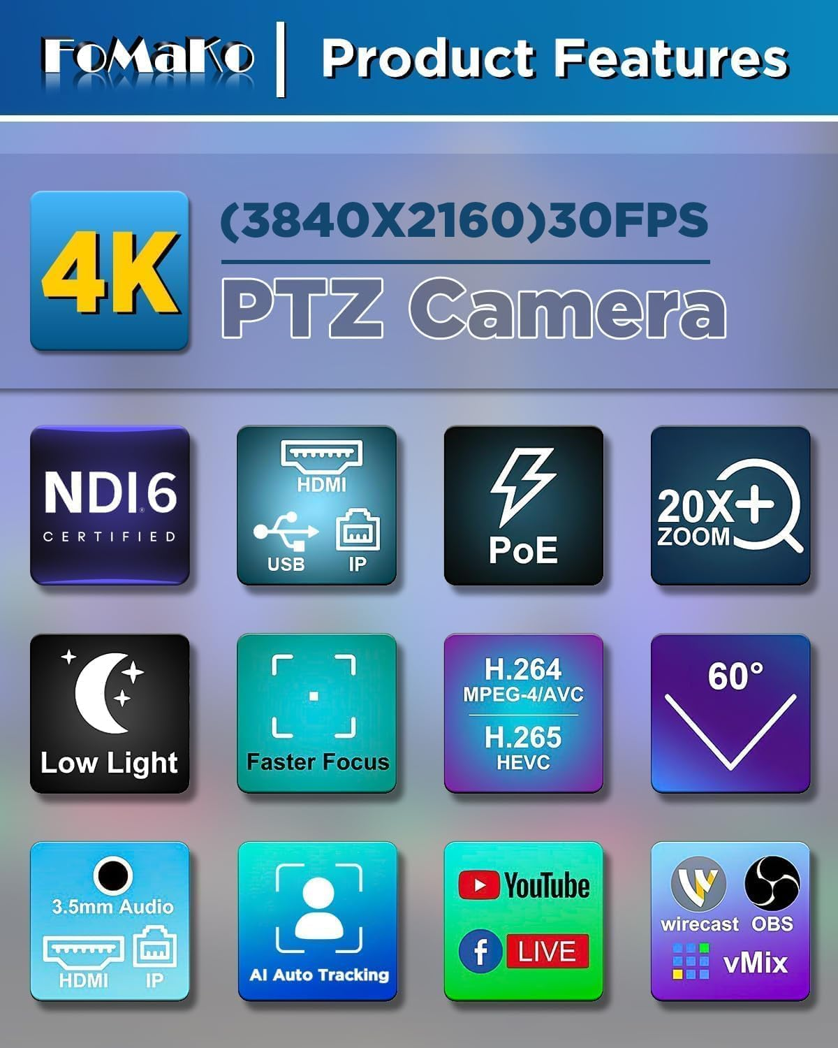 Fomako 4K PTZ Camera NDI HX3 AI Auto-Tracking, 20X Optical Zoom, NDI PTZ Camera 4K for Church Worship, Education, Live Events, Youtube OBS Live Streaming, NDI License Included, K20UH NDI Version