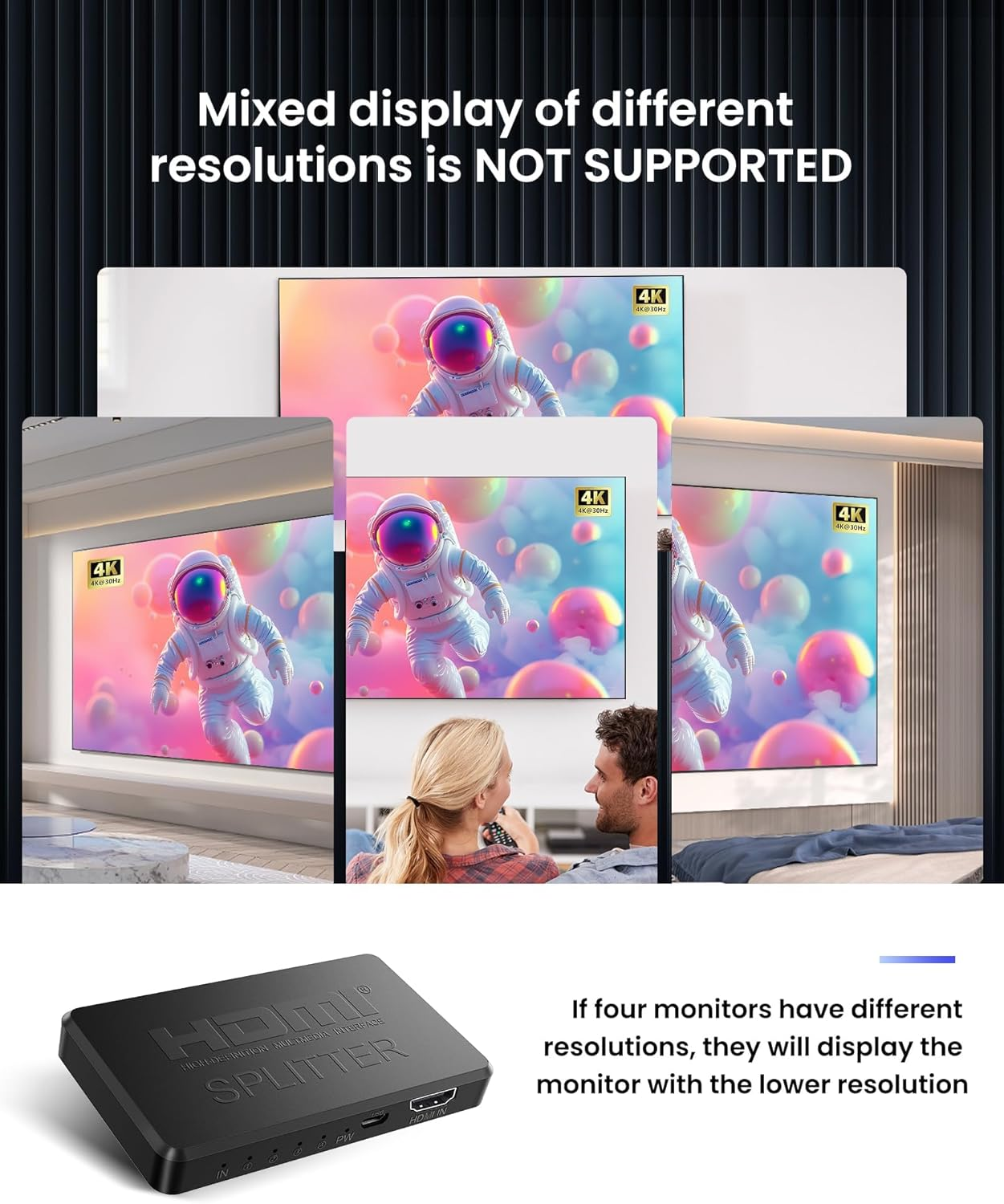 HDMI Splitter 1 in 4 Out【With 1M HDMI Cable 】 4K Splitter for Dual Monitors Mirror Only, 1X2 HDMI Splitter 1 to 2 Amplifier for Full HD 1080P 3D.