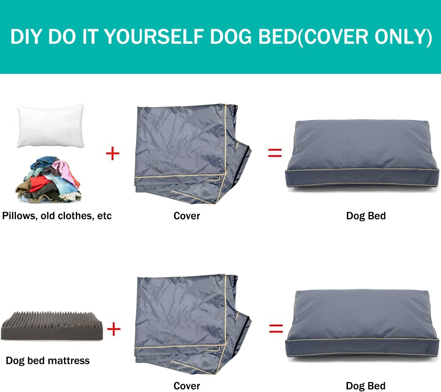 Dalema Dog Bed Cover,Waterproof Tough Plastic DIY Pet Bed Cover,Non Stick Hair Easy to Clean Rectangular Fillable Dog Bed Covers with Zipper(Dark Grey,44" L X 32" W X 4" Th,Cover Only)