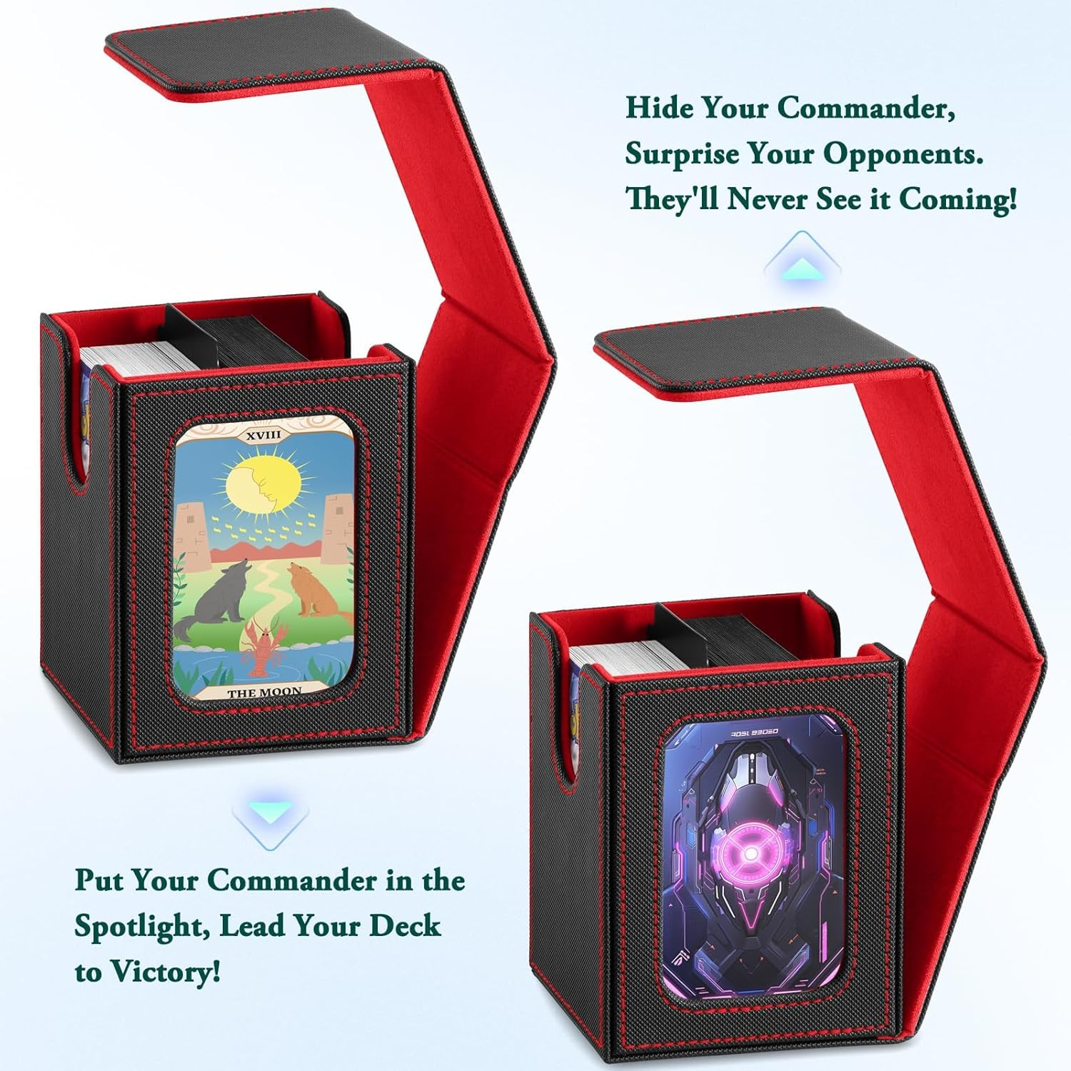 Card Deck Box with Commander Display, Storage Box Holds 100+ Double Sleeved Cards, Game & Sports Case with 2 Dividers, 1 Top Loader and 1 Dice Bag (Red) - Green image number 6