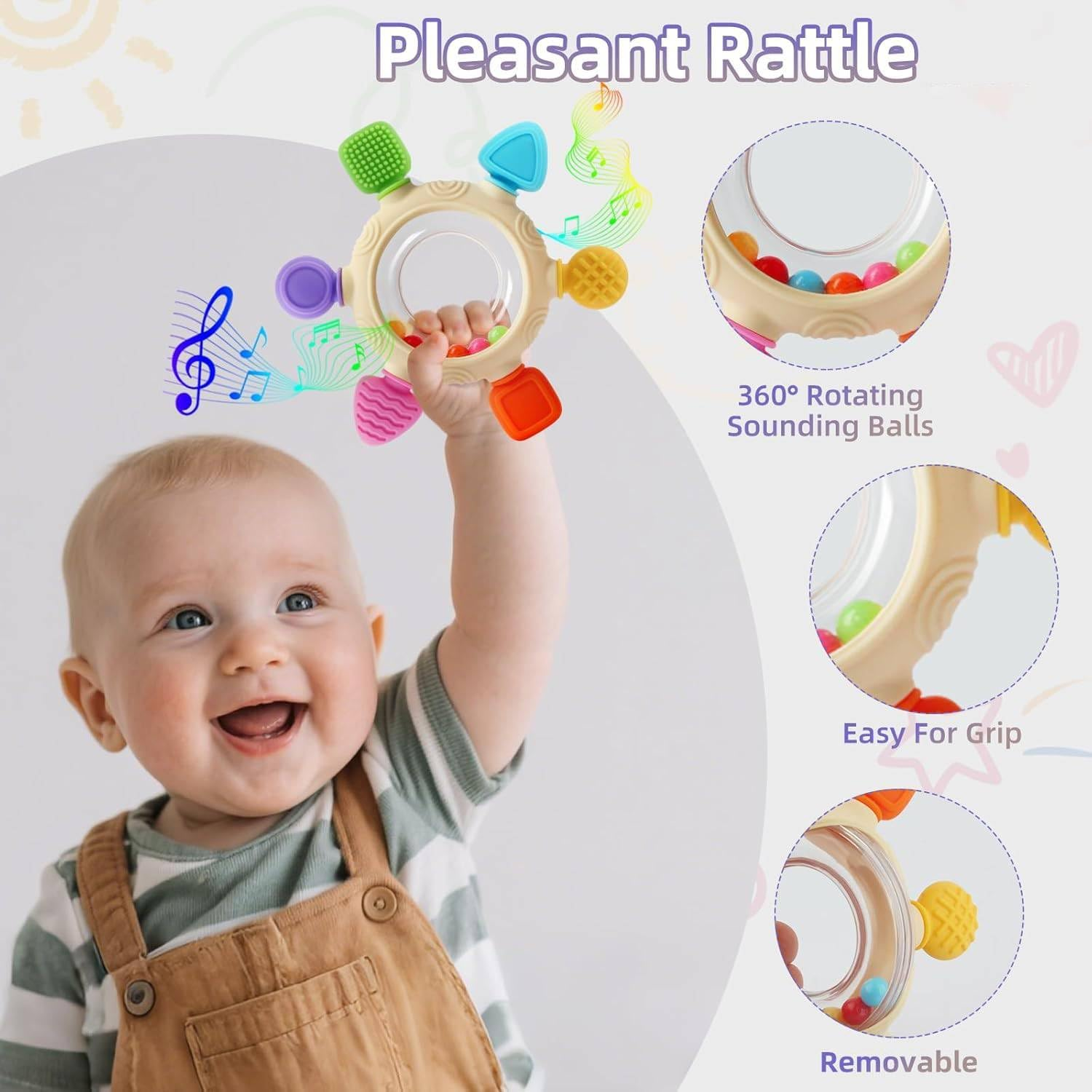 Baby Teething Toys for 0-12 Months- Silicone Rudder Teether Toy with Rattle Rings - BPA Free Sesory Montessori Toy for Soothing Sore Gums & Pain Relief - Easy to Clean Baby Shower Essentials Xmas Gift