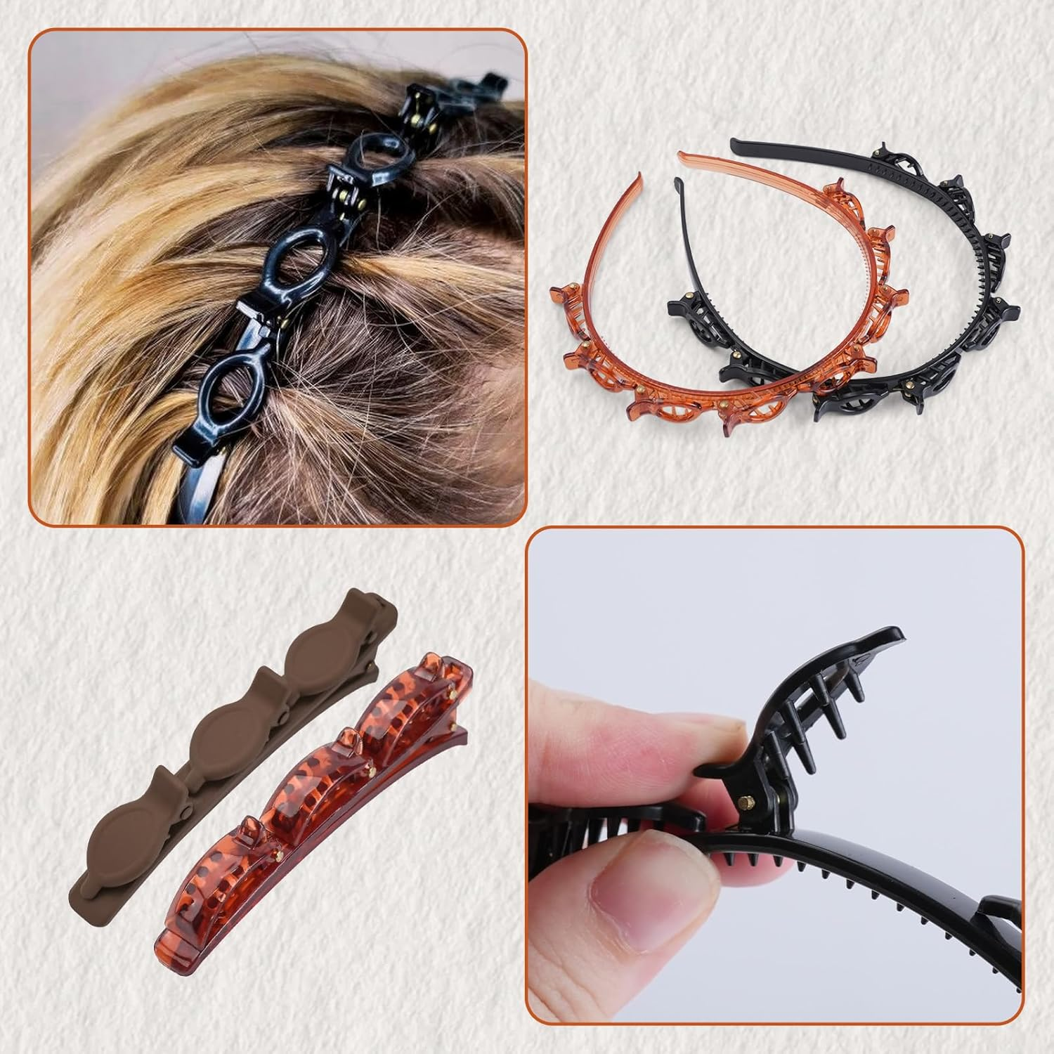 WATUNID Set of 2 Headband with Clips, 8 Pieces Colour Hair Pins, Headband Girls with Clips, Double Layer Hairstyle Aid for Girls Women, Hair Holder, Hair Accessories, Hair Band (Black and Red) image number 4