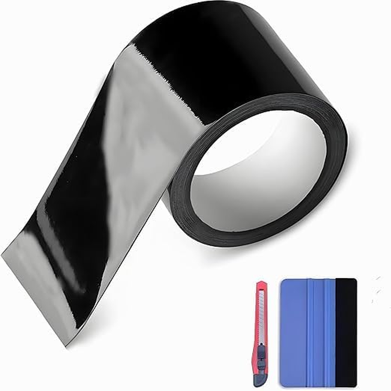 High Gloss Black Vinyl Wrap Tape, 3Cm X 1000Cm, with Scraper Tool and Adhesive Backing，Carbon Fiber Tape Auto Film Tape,Black Detailing Tape,High Self Adhesive with Scraper Tool image number 1