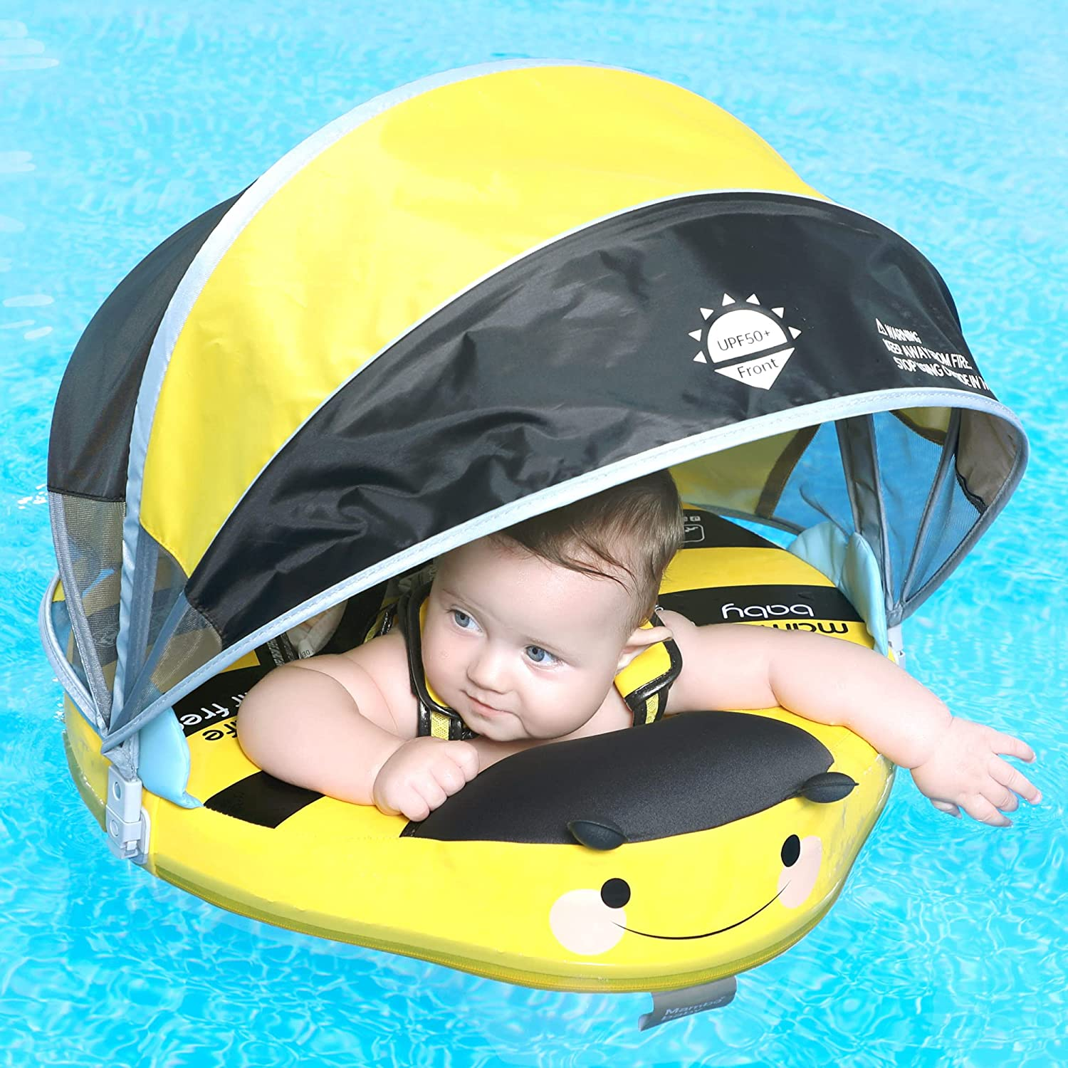 Baby Swim Float with Canopy Solid Pool Infant Swim Trainer Swimming Training Lying Air Free Water Floats Non-Inflatable Waist Swim Ring for Toddlers - Crab image number 2