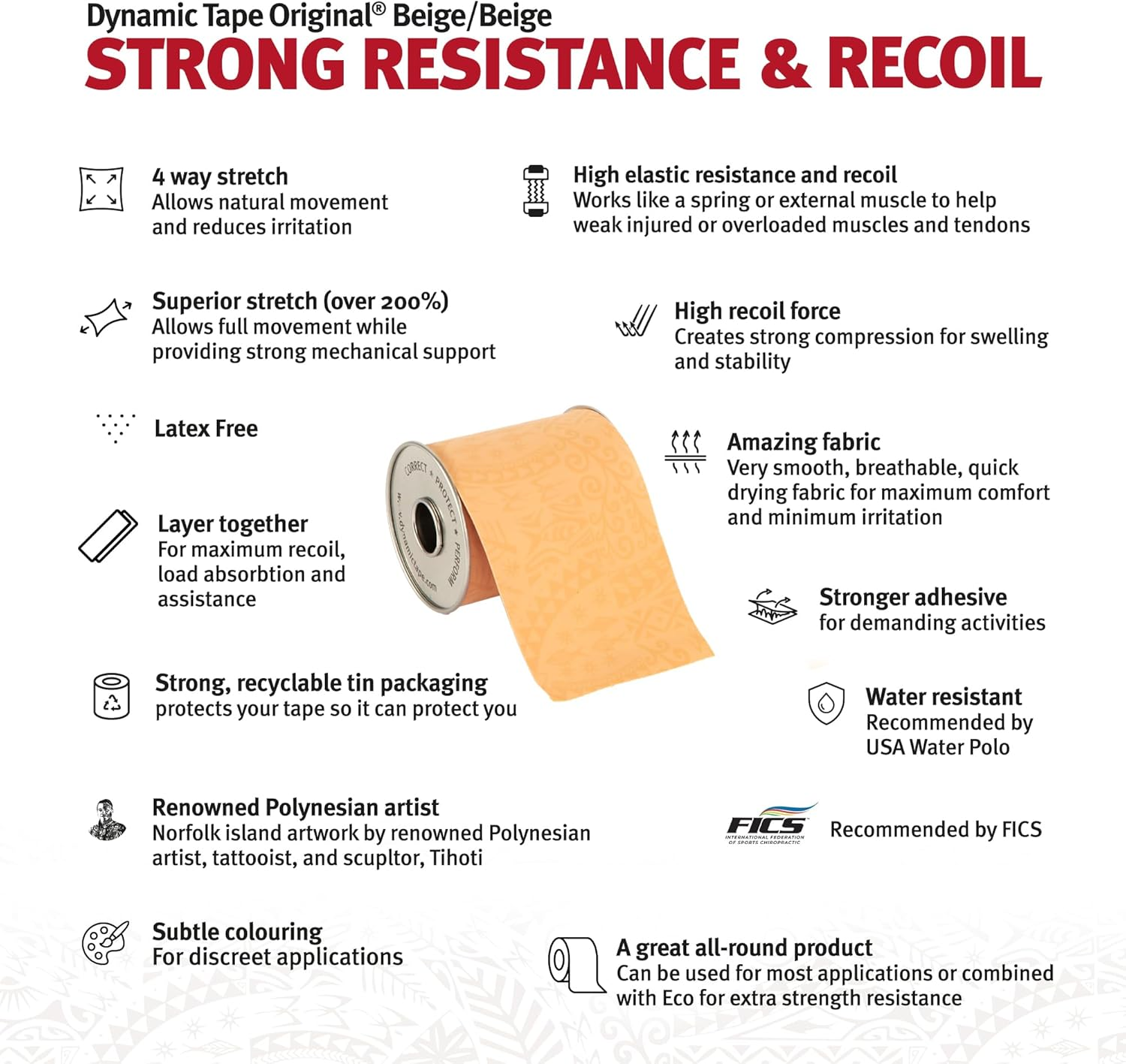 Dynamic Tape | Biomechanical Adhesive Tape | for Sports & Physio | Knee, Ankle, Elbow, Leg, Muscle Support | Beige 3 Inches X 16.4 Feet Roll