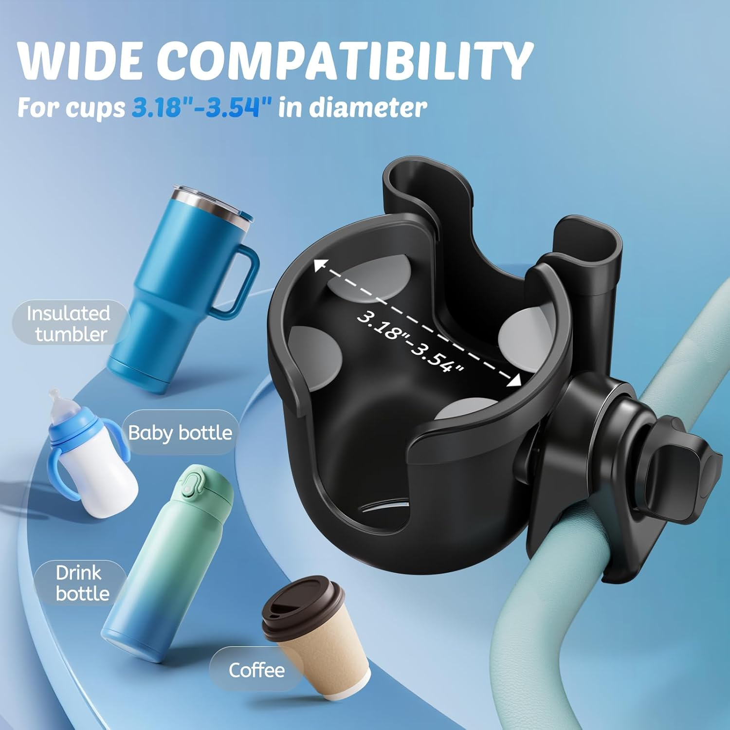 Guiseapue - Stroller Cup Holder with Phone Holder, Universal Bottle Holder for Wheelchair Walker Bike Scooter Stroller Accessories for Uppababy Nuna Bugaboo Doona Stroller Gifts for Women Mom Men - Black-2 image number 2