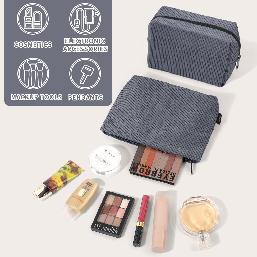 MAANGE 2 Pcs Cosmetic Bag, Travel Makeup Bag Makeup Pouch Corduroy Portable Versatile Zipper Pouch for Women (Grey image number 2