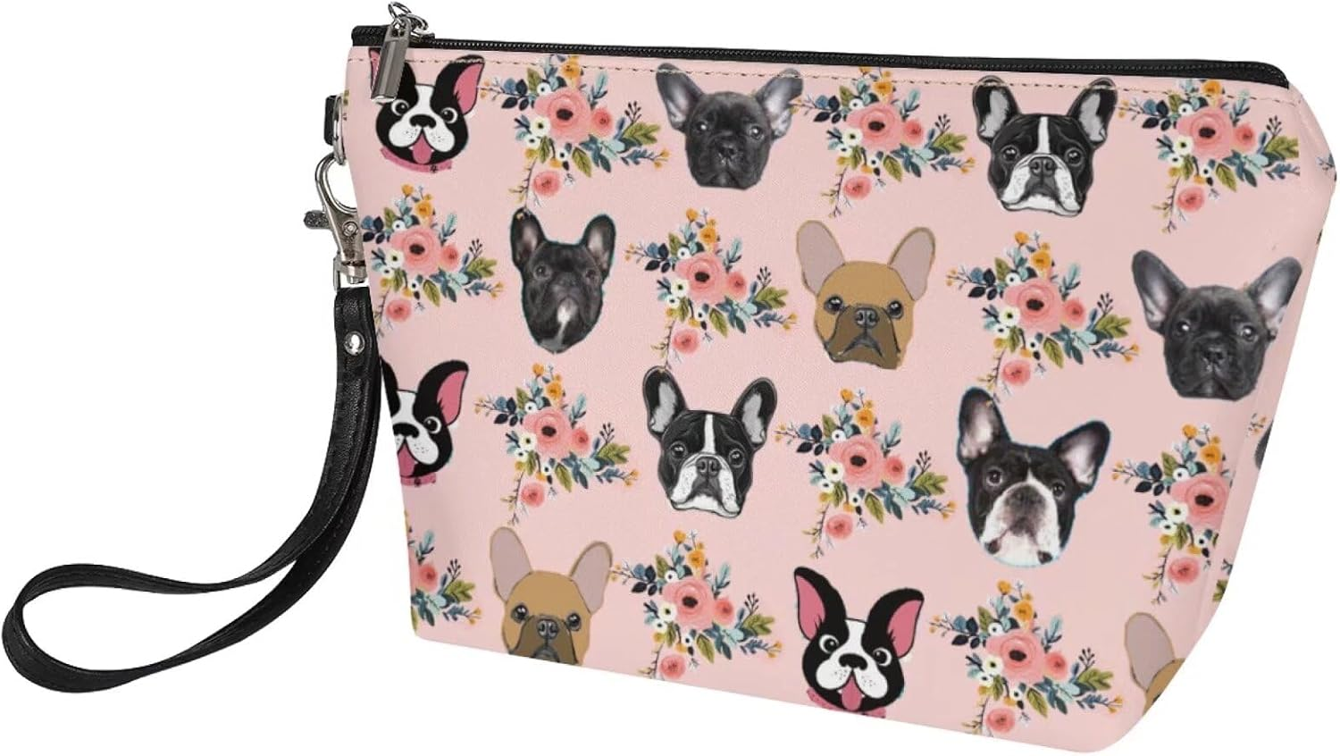 Mumeson Boston Bulldog and Flower Print Women Leather Trapezoid Toiletry Bag,Pink - Cat,Blue image number 7