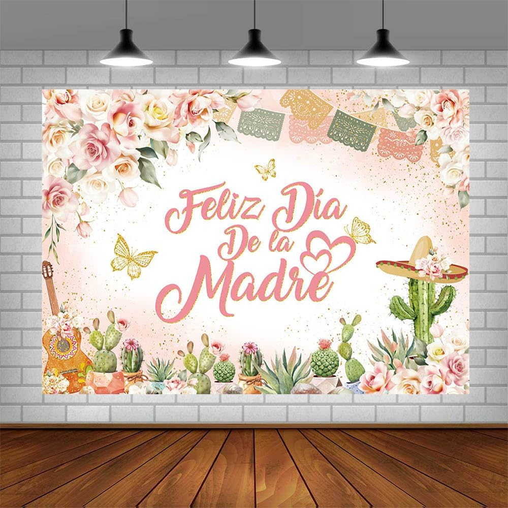 AIBIIN Feliz D&iacute;a De La Madre Backdrop Pastel Pink Floral Thank You Mom Party Decor Cactus Butterfly Best Mom Ever Party Banner Photo Props 7X5Ft image number 3