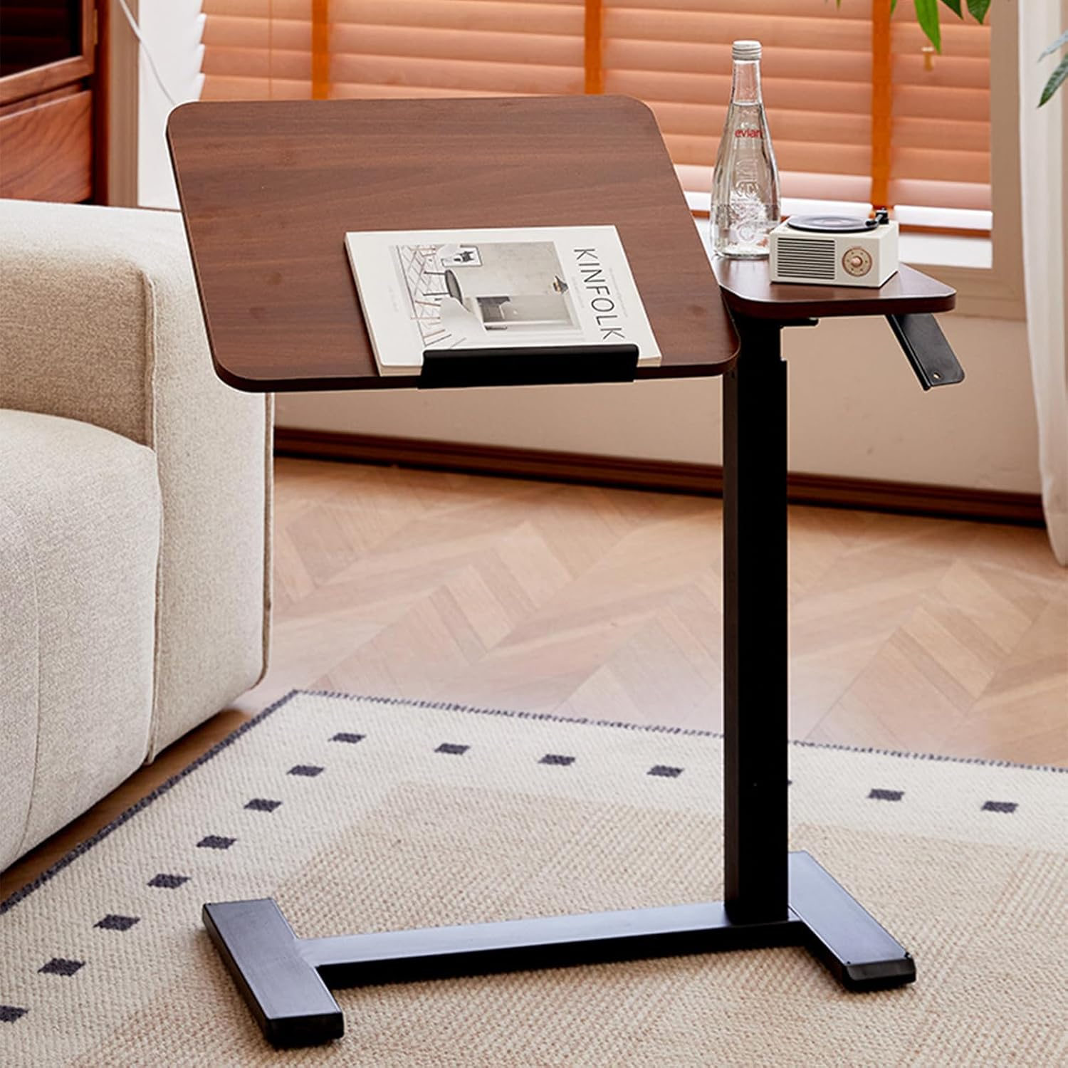 Medical Tiltable Overbed Table, Pneumatic Height Adjustable, Laptop Desk with Wheels, Mobile Standing Desk, Rolling Computer Cart, Suitable for Hospital and Home Use (Walnut Coloured) - White image number 3