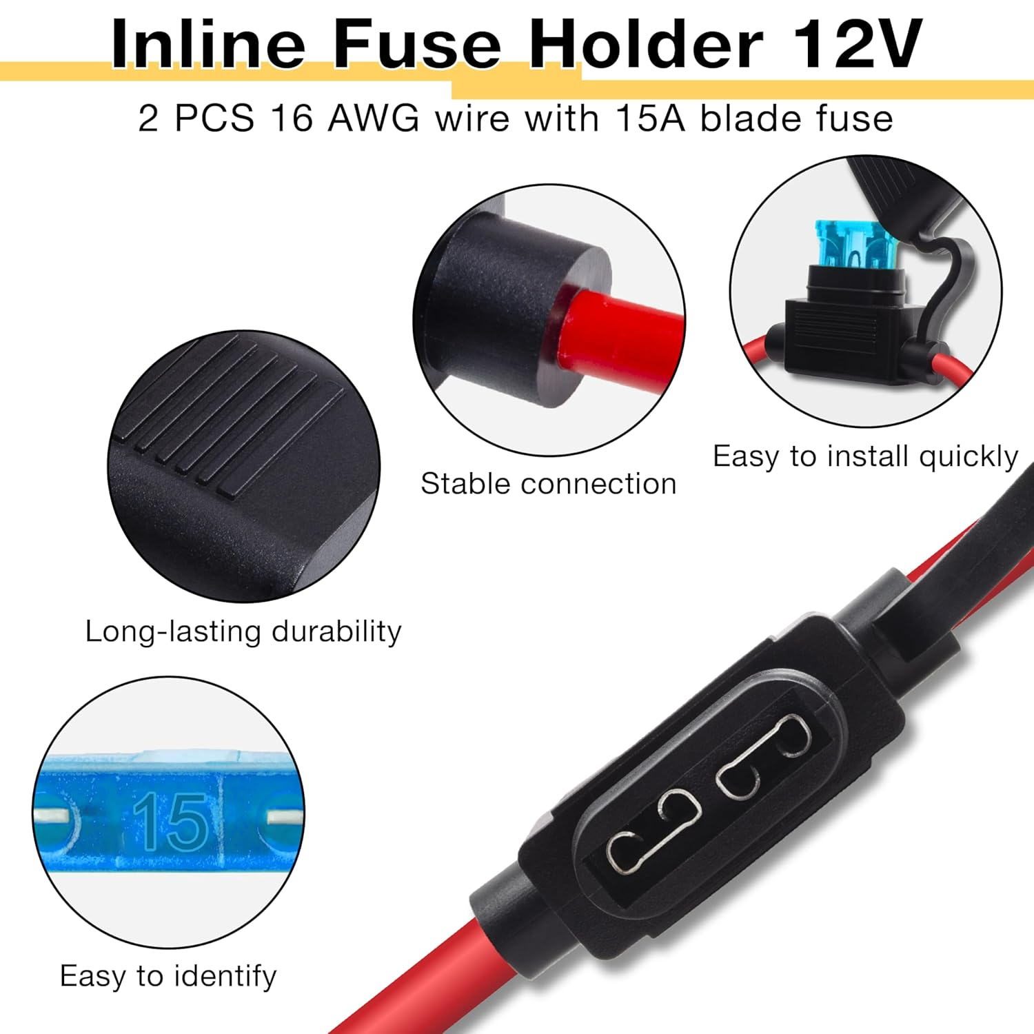2 PCS Inline Fuse Holders 12V, 16 AWG Car Gauge Inline Fuses, Waterproof Fuse Holder with 15A ATC/ATO Standard Blade Fuses for Automotive, Marine, Golf Cart Lighting, Electrical Circuits image number 2