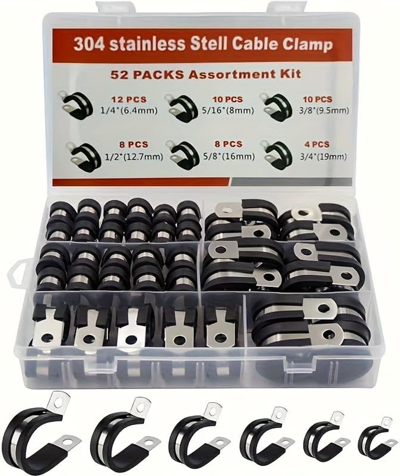 Rubber Cushioned Cable Clamp Assortment 52Pcs Kit YS189 - Hose Clamps - Cushioning Insulated Cable Pipe Clips Stainless Steel Rubber Pad Pipe Clips in 6 Sizes: 1/4" 5/16" 3/8" 1/2" 5/8" 3/4" image number 2