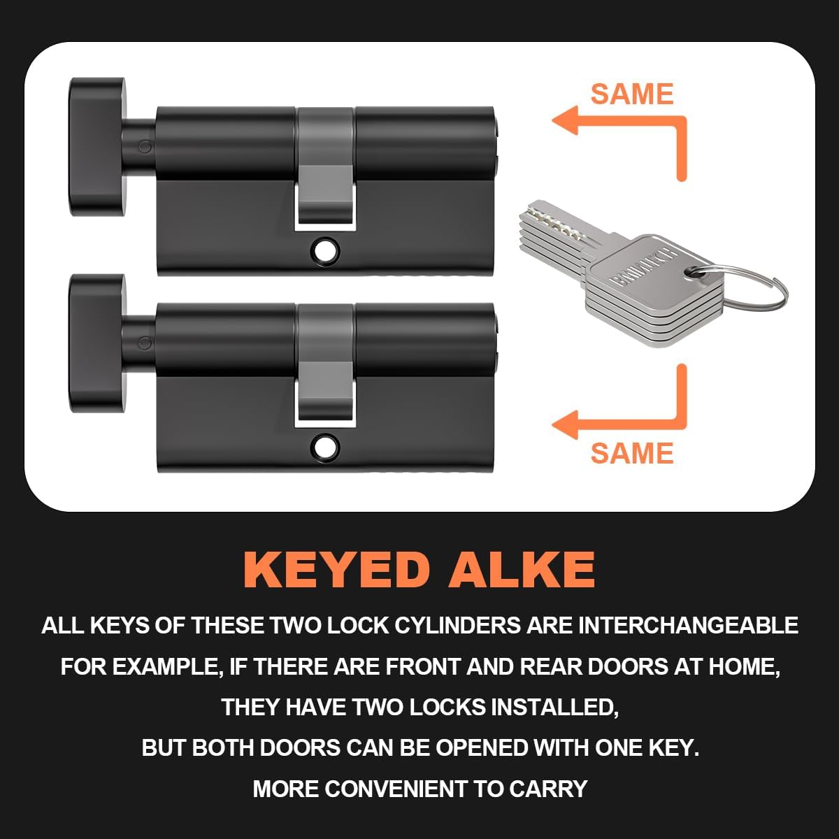 Bwintech Keyed Alike 30T/30 Mm Euro Brass Cylinder, 60 Mm Key/Key Cylinder Lock with 5 Horizontal Brass Keys, anti Picking, anti Drilling, anti Bumping, Black Surface image number 5