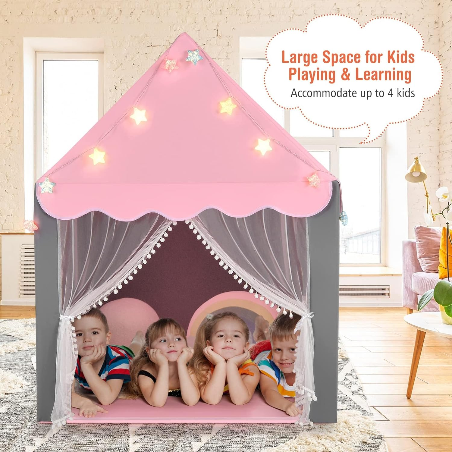 HONEY JOY Kids Play Tent, Large Playhouse with Star Ornaments, Washable Mat, Windows, Indoor Outdoor Princess Tent for Boys & Girls, Children Castle Fairy Tent, Holiday Birthday Gift (Pink) image number 4