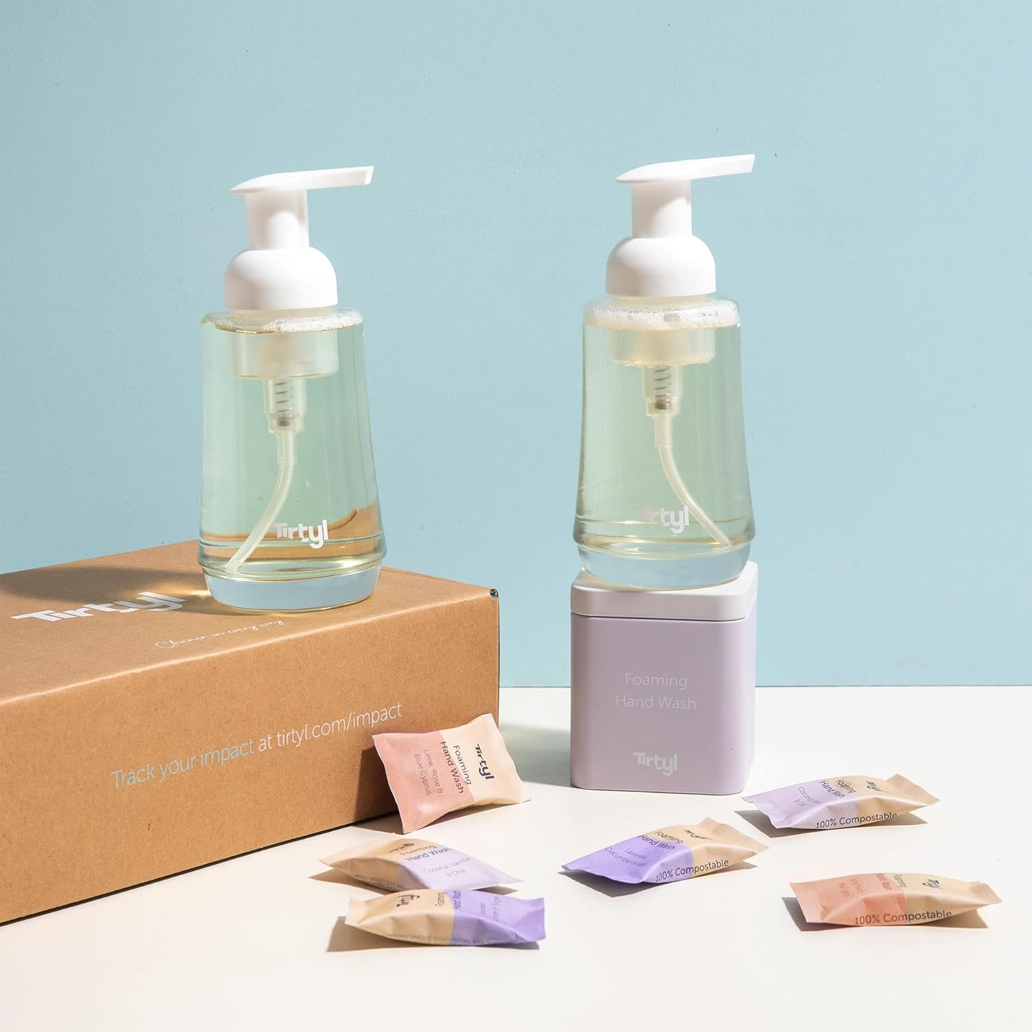 Tirtyl Hand Soap Duo Kit - 2 Glass Foaming Dispensers + Storage Tin + 6 Tablet Refills - Compostable Packaging - Variety Fragrances - 1.5L Total (Makes 6X 250Ml Bottles of Soap) image number 2