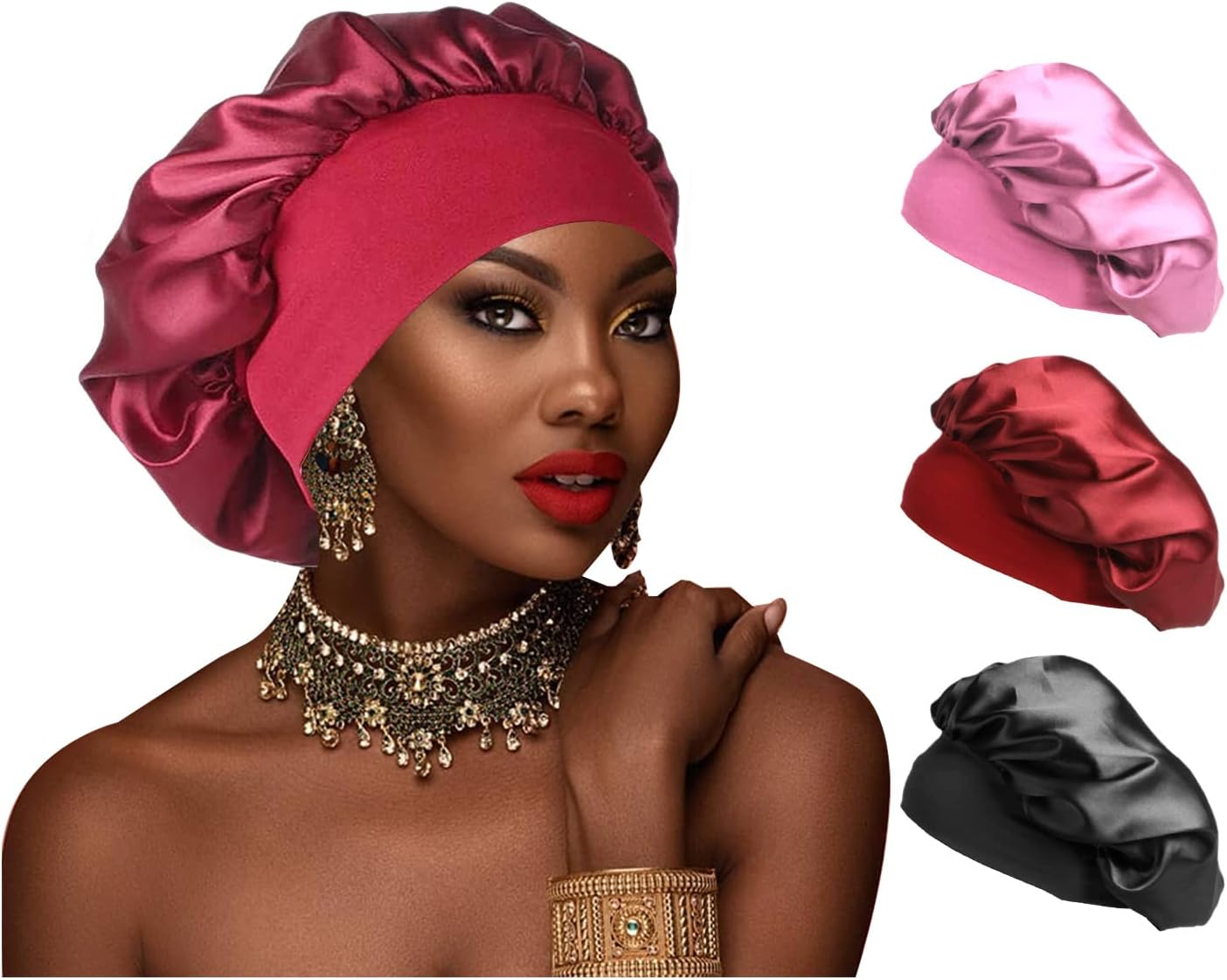 3PCS Satin Bonnet, Sleeping Caps, Satin Hair Bonnet for Sleeping, Elastic Wide Band Hat Night Sleeping Head Cover for Girls, Gift for Birthday, Christmas, Thanksgiving, Valentine'S Day image number 1