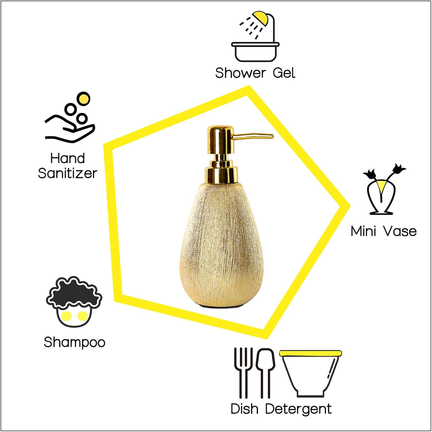 ABBI NIMO Brushed Gold Ceramic Soap Dispenser for Bathroom Kitchen 2 Pack, Luxurious Textured Hand Soap Dispenser for Countertop, 11 Oz Refillable Dish Soap Dispenser with Golden Plastic Pump image number 6
